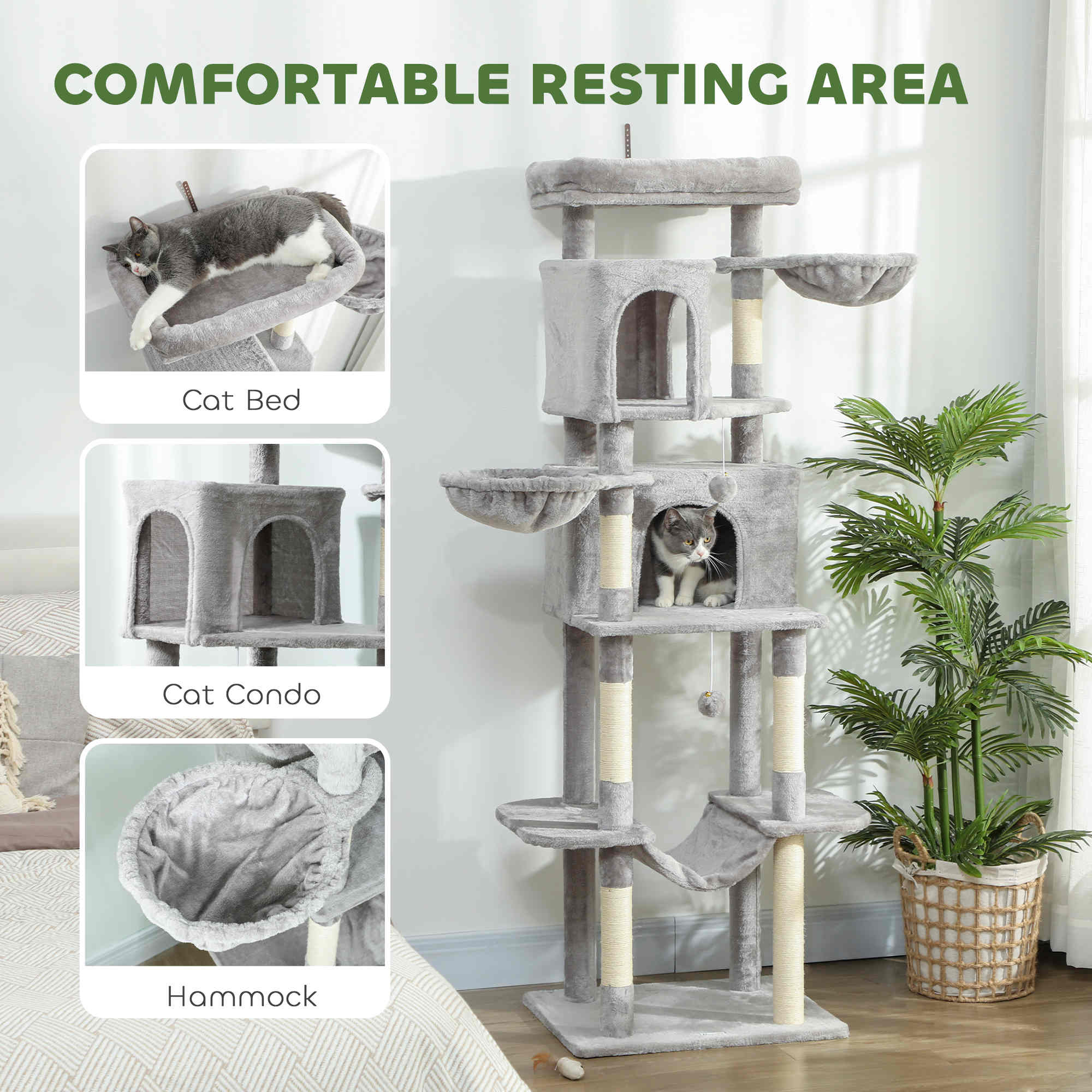 Cat Tree, 69" Cat Tower for Indoor Kittens, Multi-Level Tower with 2 Condos, Scratching Posts, 2 Hammocks, Perches, Pompoms for Multiple Kitties, Light Grey
