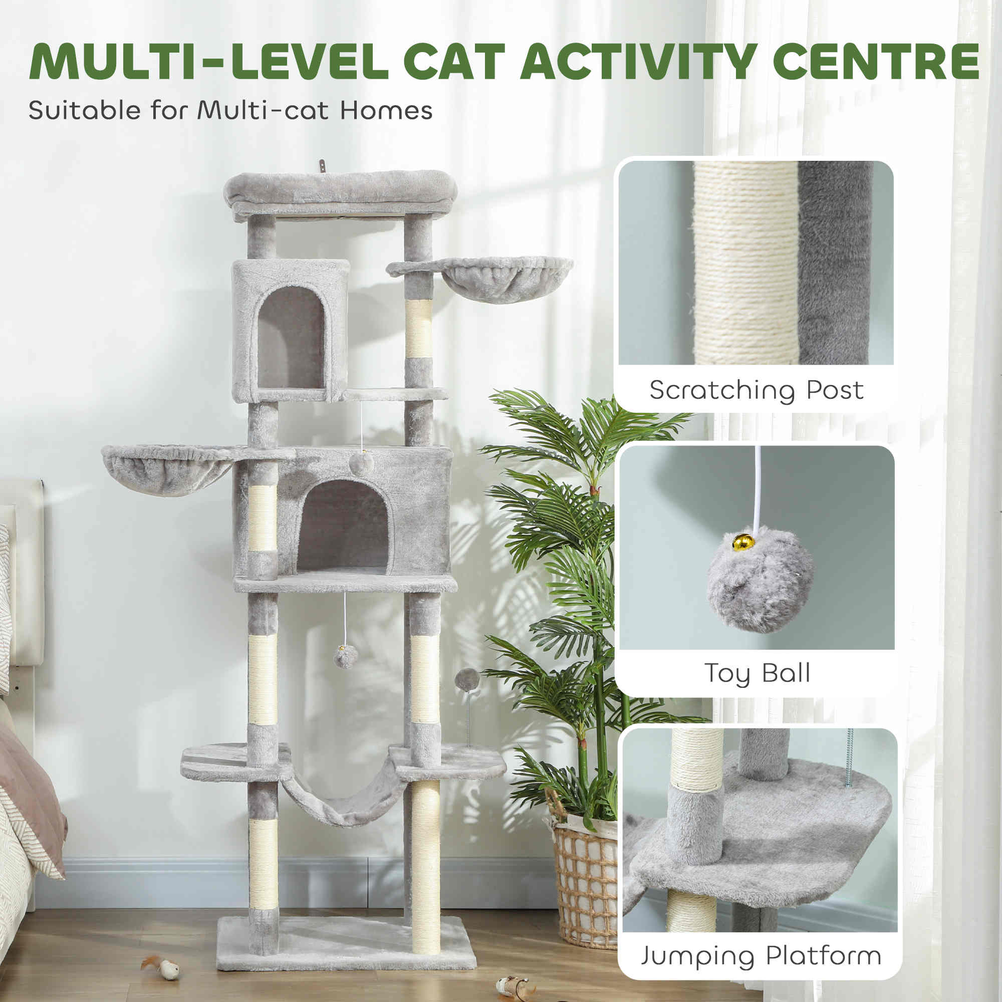Cat Tree, 69" Cat Tower for Indoor Kittens, Multi-Level Tower with 2 Condos, Scratching Posts, 2 Hammocks, Perches, Pompoms for Multiple Kitties, Light Grey