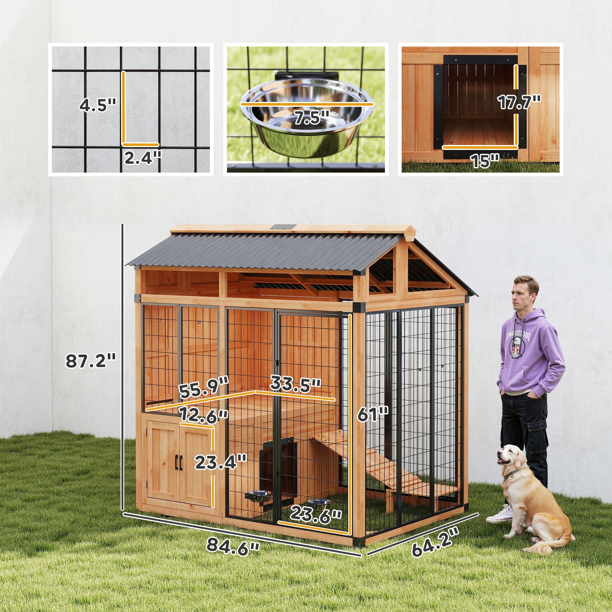 7' x 5' Extra Large Dog House, Wood Outdoor Dog Kennel with Activity Platform, Stairs, Storage Cabinet, Pet Shelter with Waterproof Roof, Stainless Steel Bowls for Large Breeds, Yellow