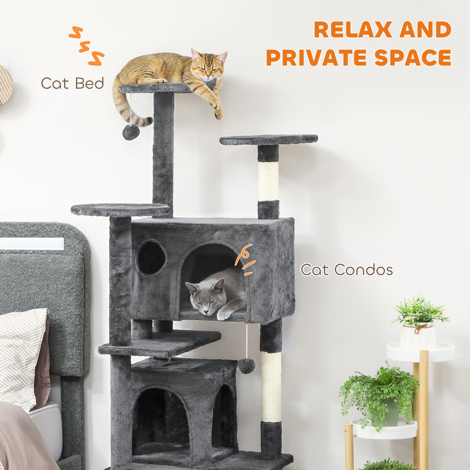 63" Cat Tree, Cat Tower for Indoor Cats with Scratching Posts, Cat Condos, Bed, Platforms, Ramp, Toy Ball, Cat Activity Center, Dark Grey