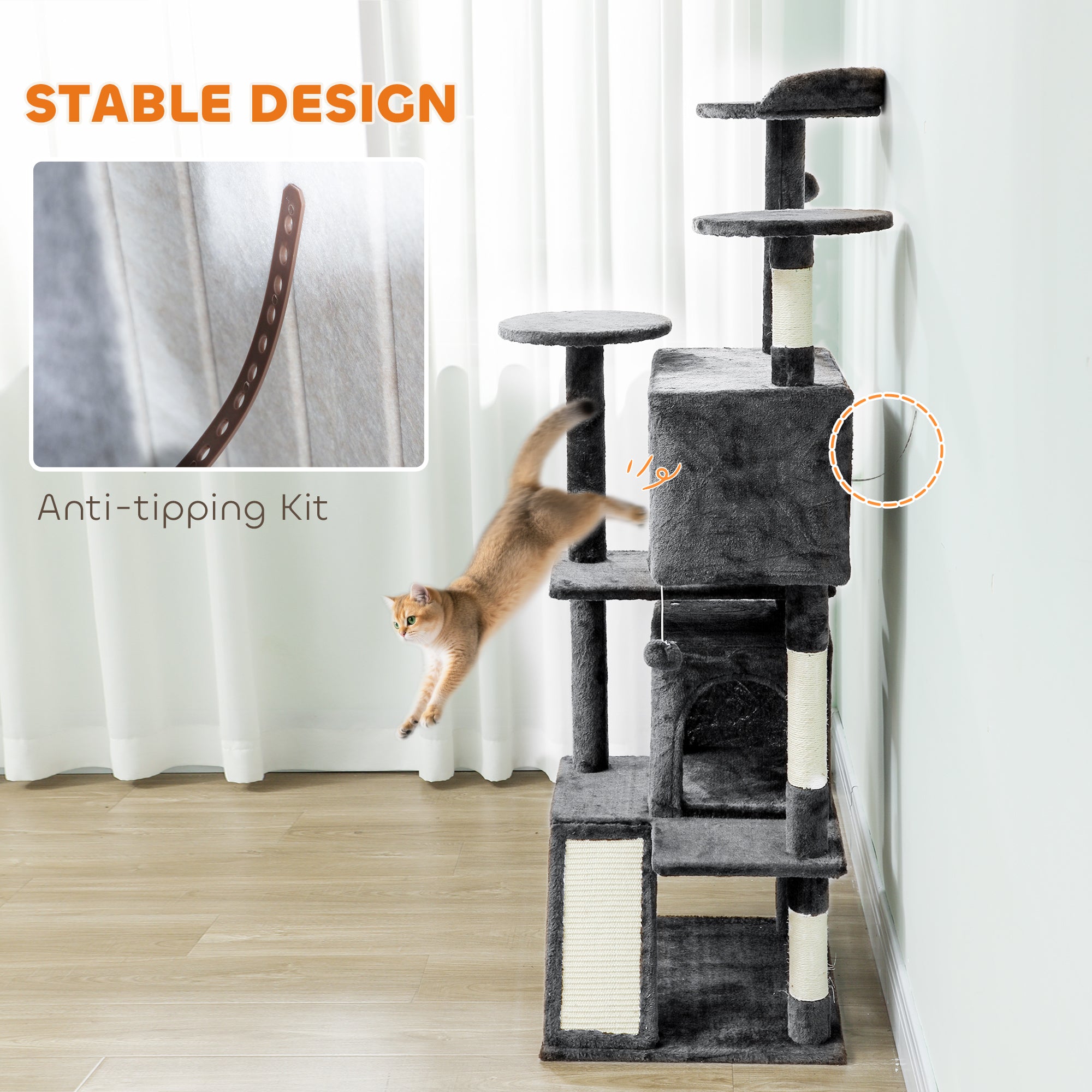 63" Cat Tree, Cat Tower for Indoor Cats with Scratching Posts, Cat Condos, Bed, Platforms, Ramp, Toy Ball, Cat Activity Center, Dark Grey