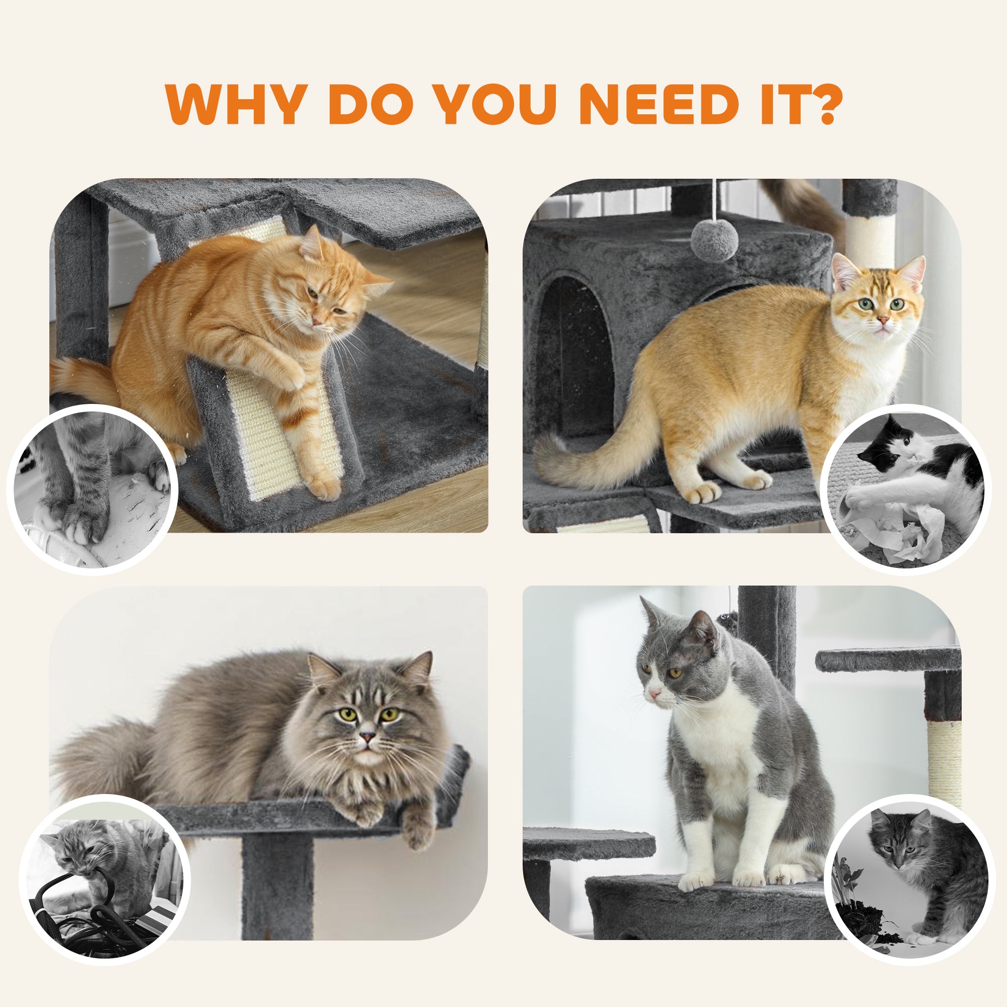 63" Cat Tree, Cat Tower for Indoor Cats with Scratching Posts, Cat Condos, Bed, Platforms, Ramp, Toy Ball, Cat Activity Center, Dark Grey