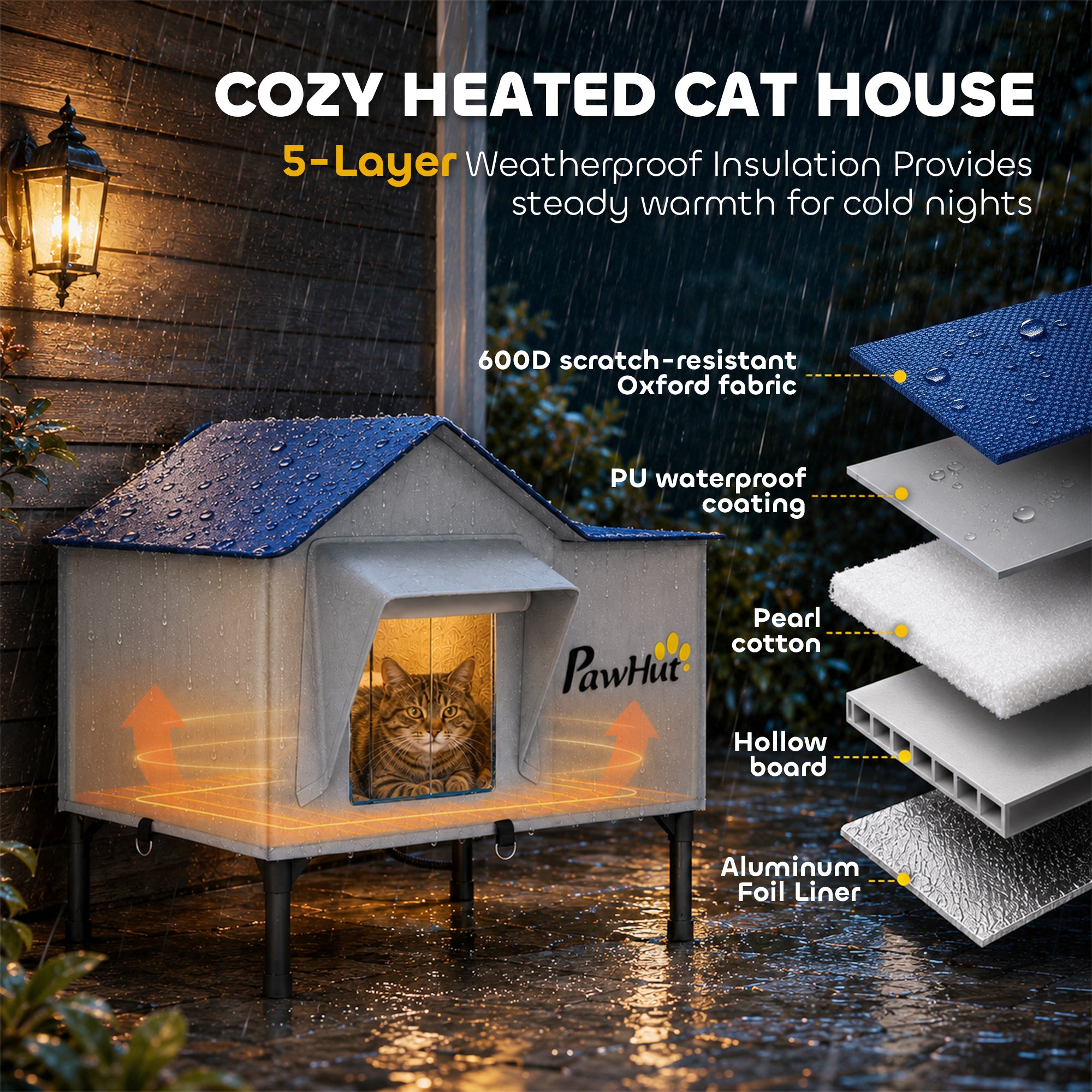 Heated Cat House Weatherproof with Heated Pad for Feral & Stray Cats, Outdoor Cat Shelter with Escape Door, 5 cm Elevated Base, Rainproof Roof