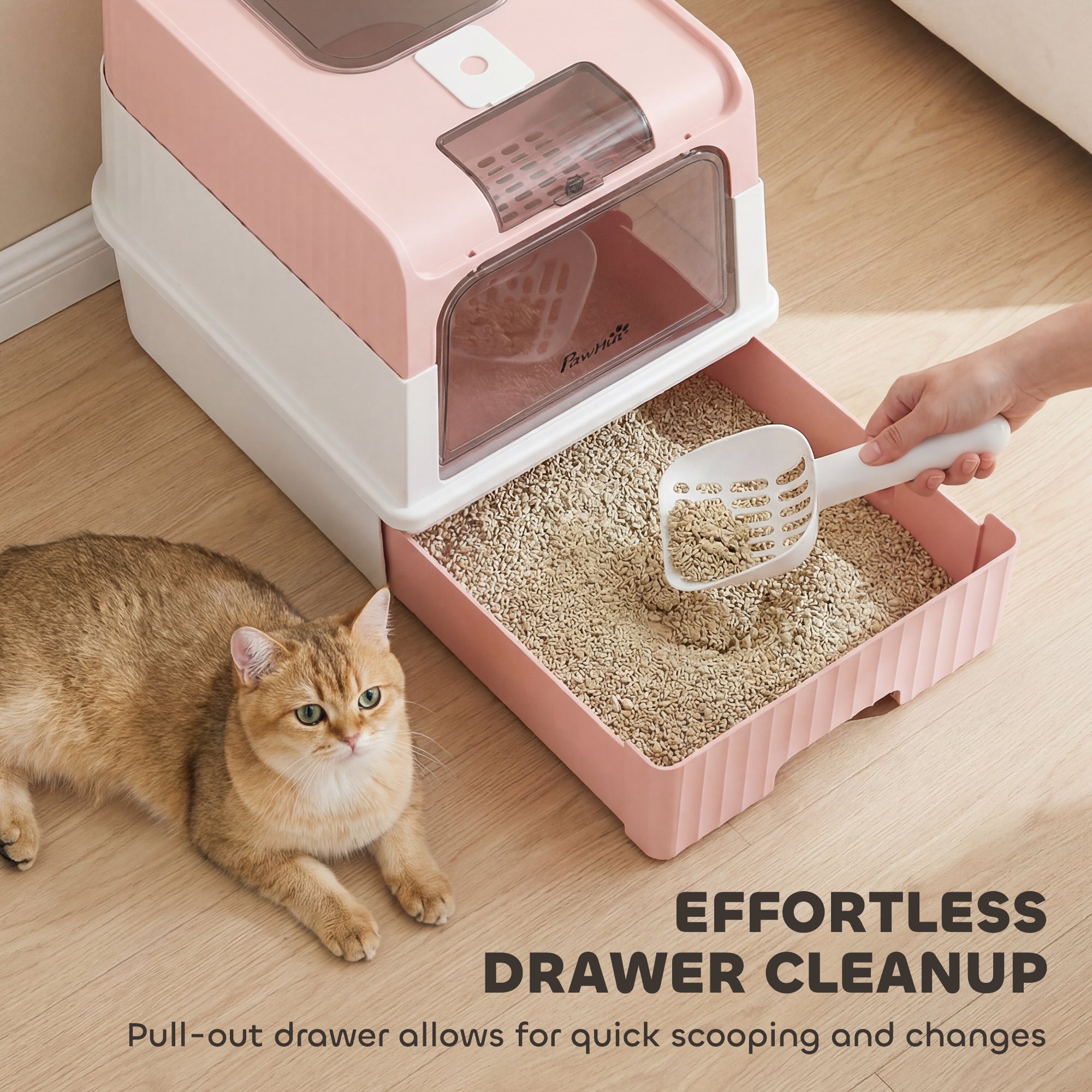 Cat Litter Box with Lid, Hooded Cat Litter Box with Pull-Out Drawer Tray, Scoop, Front Entry & Top Exit, 4 Deodorization Bags, Easy to Clean, Pink