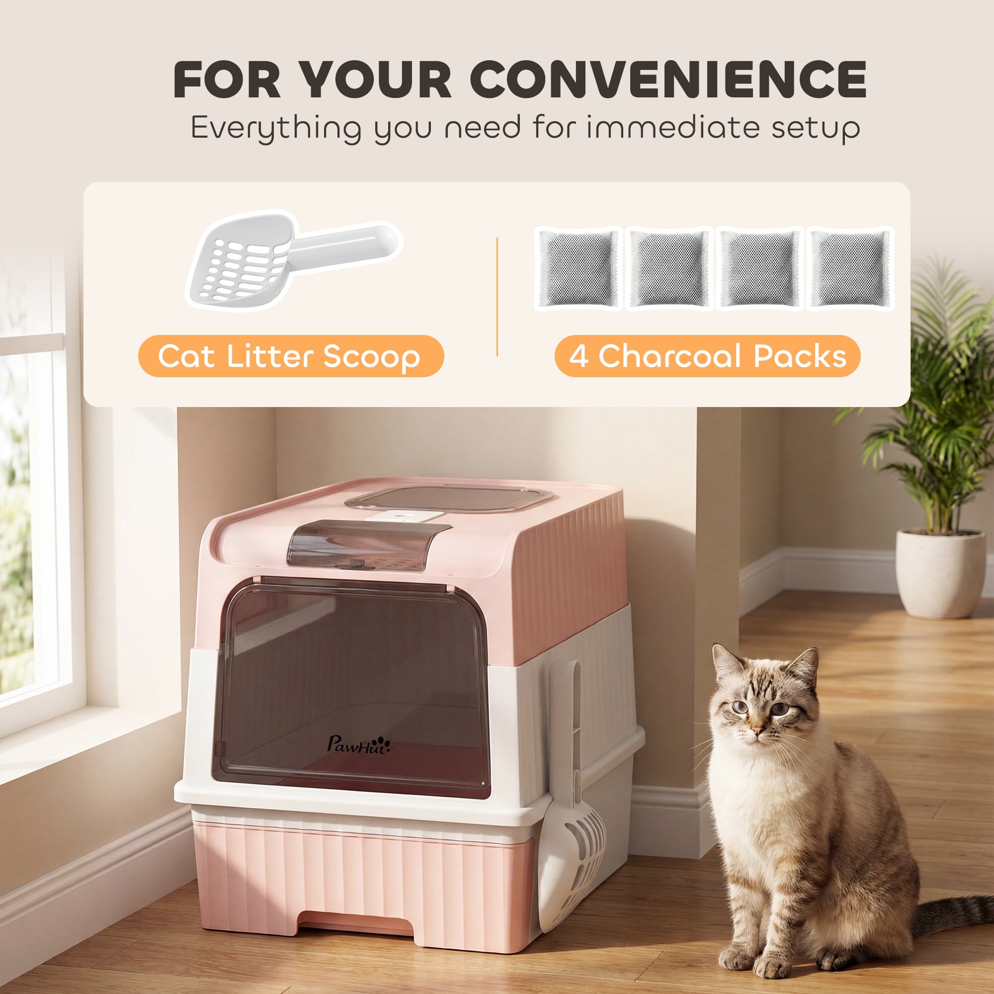Cat litter Box with Lid, Enclosed Cat Litter Box with Pull-Out Drawer Tray, Scoop, 4 Deodorisation Bags, Front Entry & Top Exit, Privacy, Odour Control and Easy to Clean, Pink