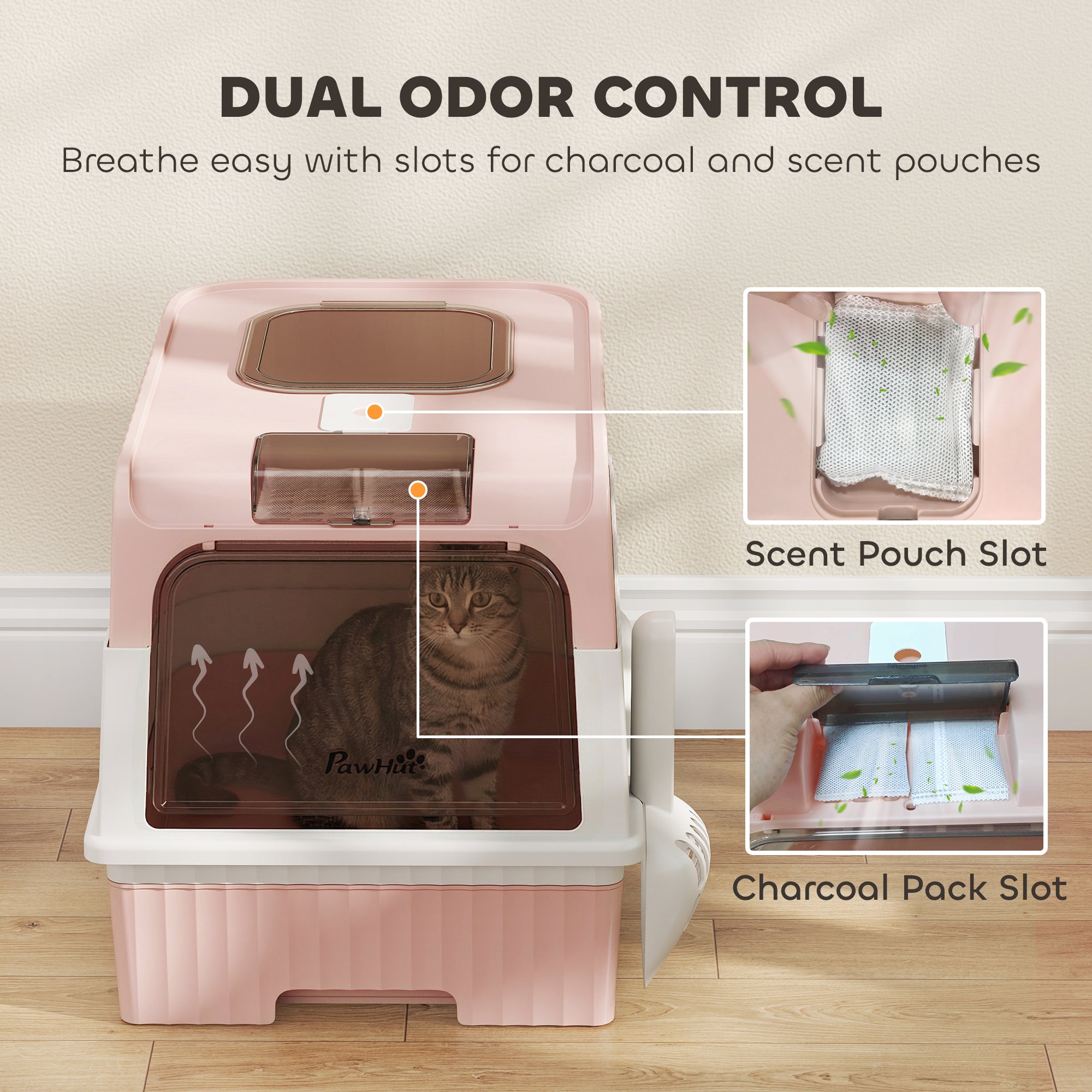 Cat litter Box with Lid, Enclosed Cat Litter Box with Pull-Out Drawer Tray, Scoop, 4 Deodorisation Bags, Front Entry & Top Exit, Privacy, Odour Control and Easy to Clean, Pink
