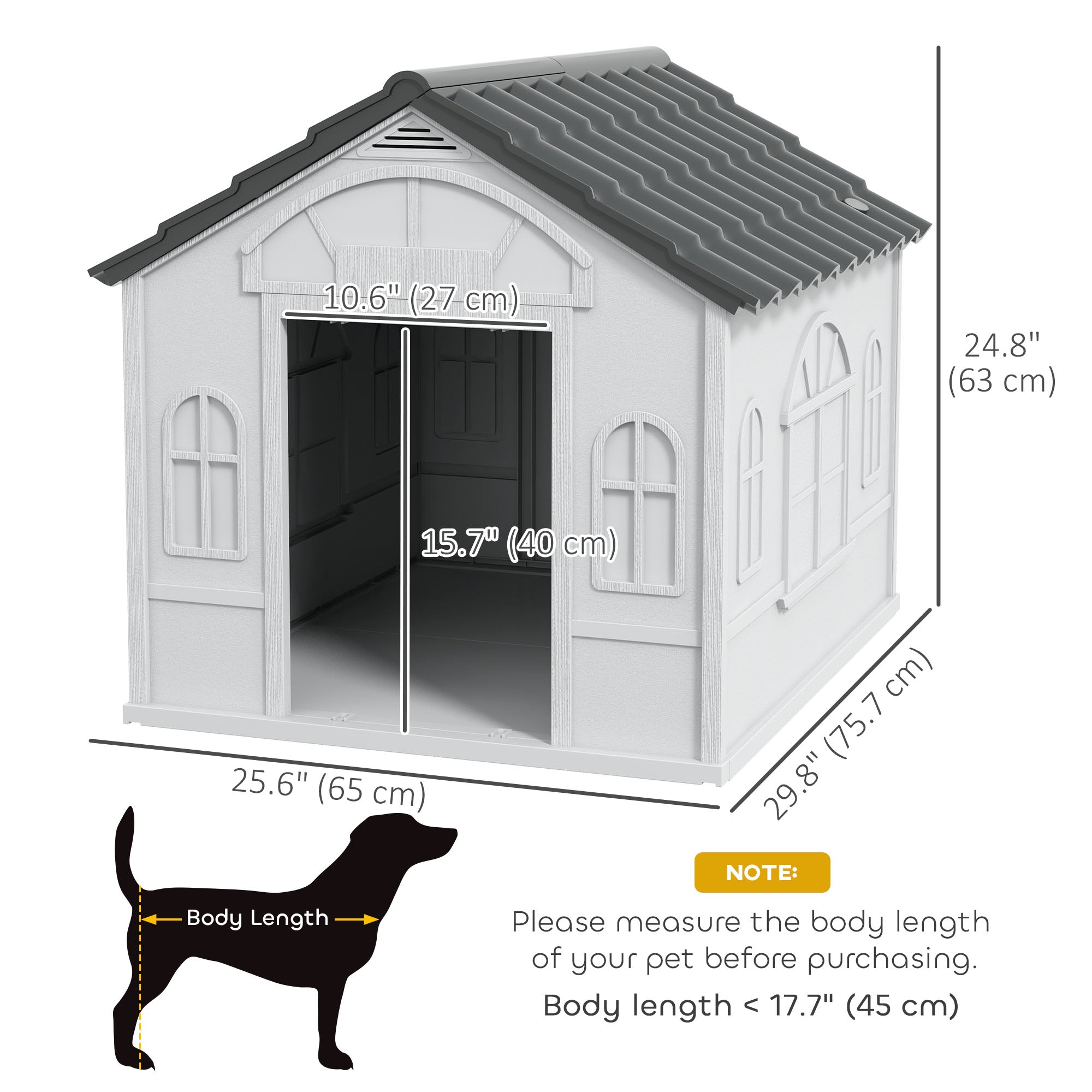 26" Plastic Dog House for Small Medium Dogs, Waterproof Dog Kennel with Air Vents, Outdoor Pet Shelter, Grey