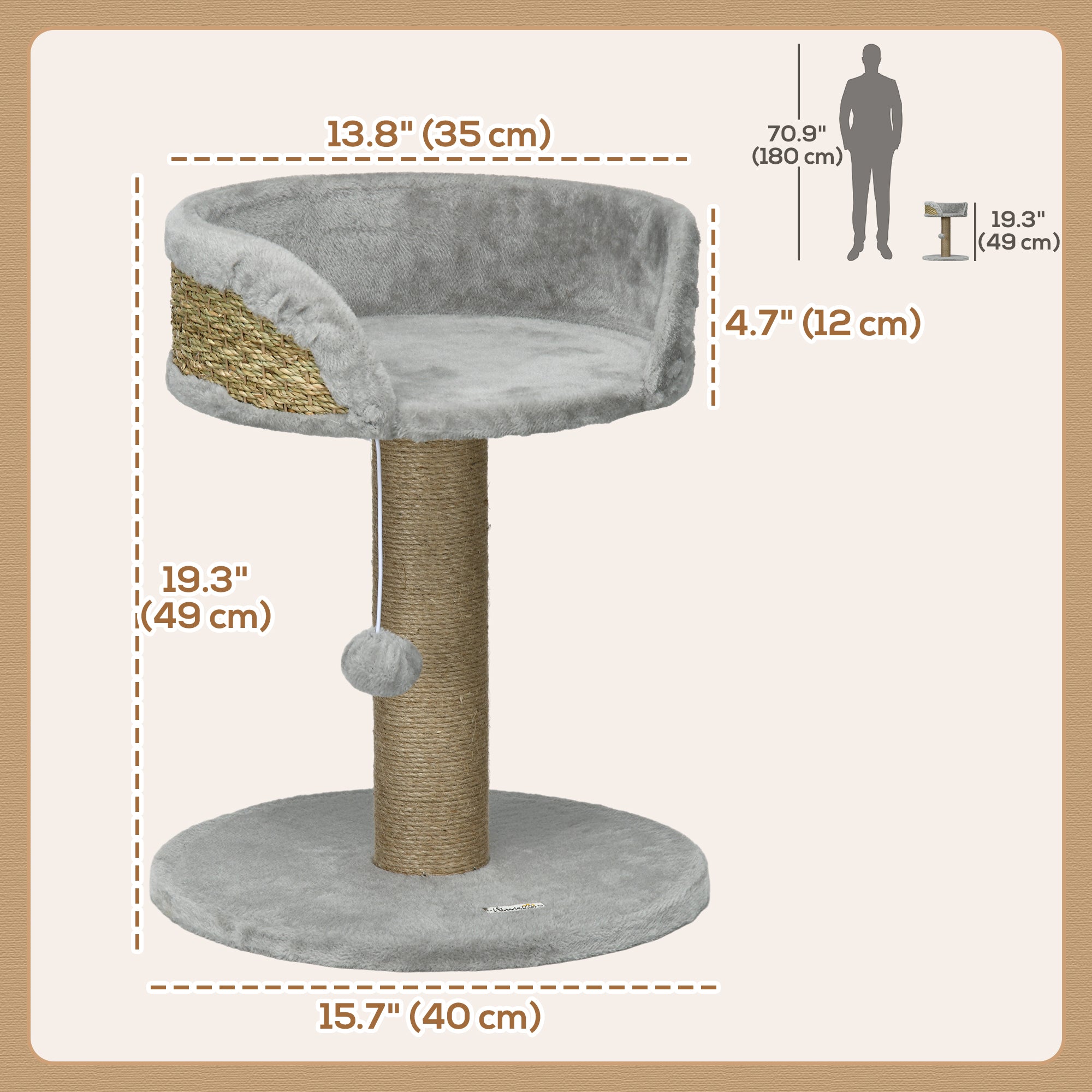 Small Cat Tree with Scratching Post, Perch, Toy Ball, Cat Tower for Indoor Cats - 16" x 16" x 19", Grey