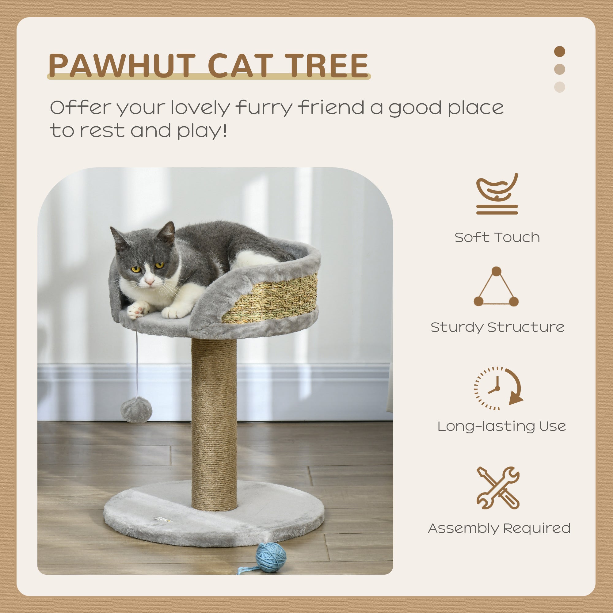 Small Cat Tree with Scratching Post, Perch, Toy Ball, Cat Tower for Indoor Cats - 16" x 16" x 19", Grey