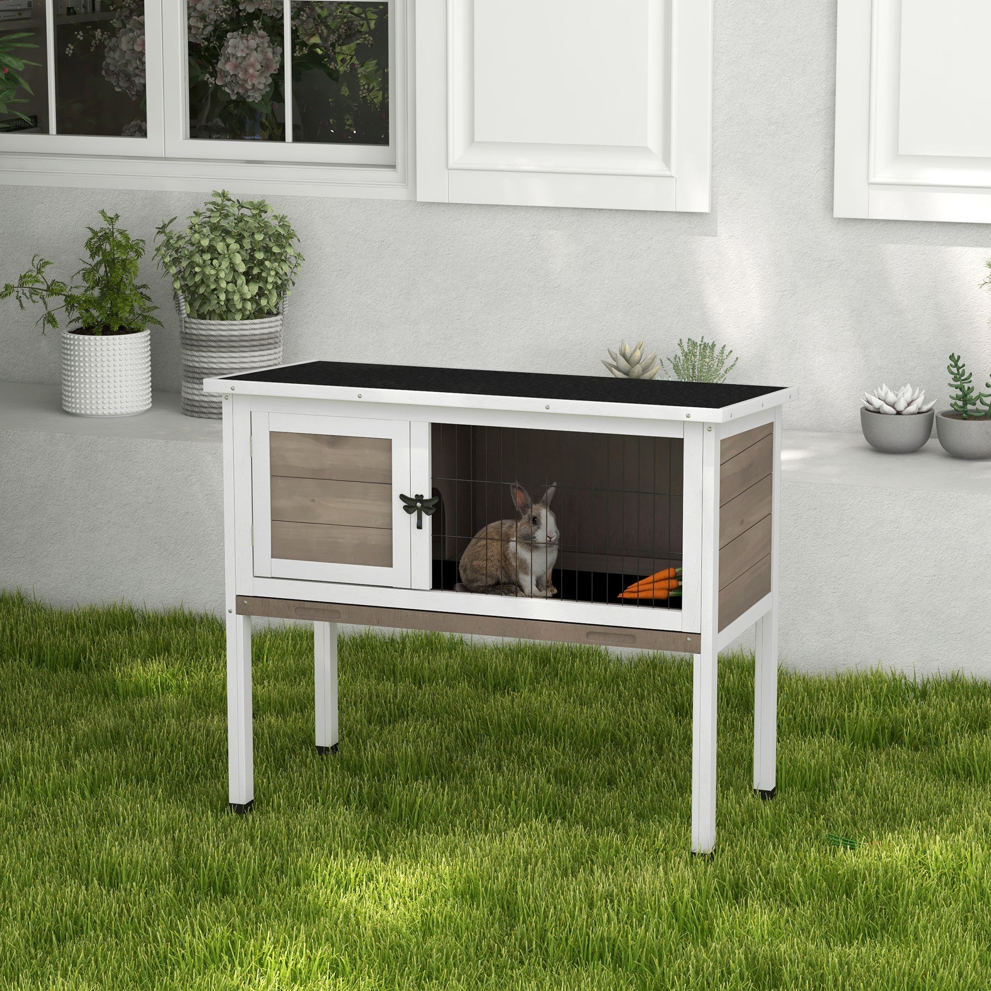 Wooden Rabbit Hutch Bunny Small Animal House with Openable Asphalt Roof, Slide-out Tray, Indoor/Outdoor, Brown