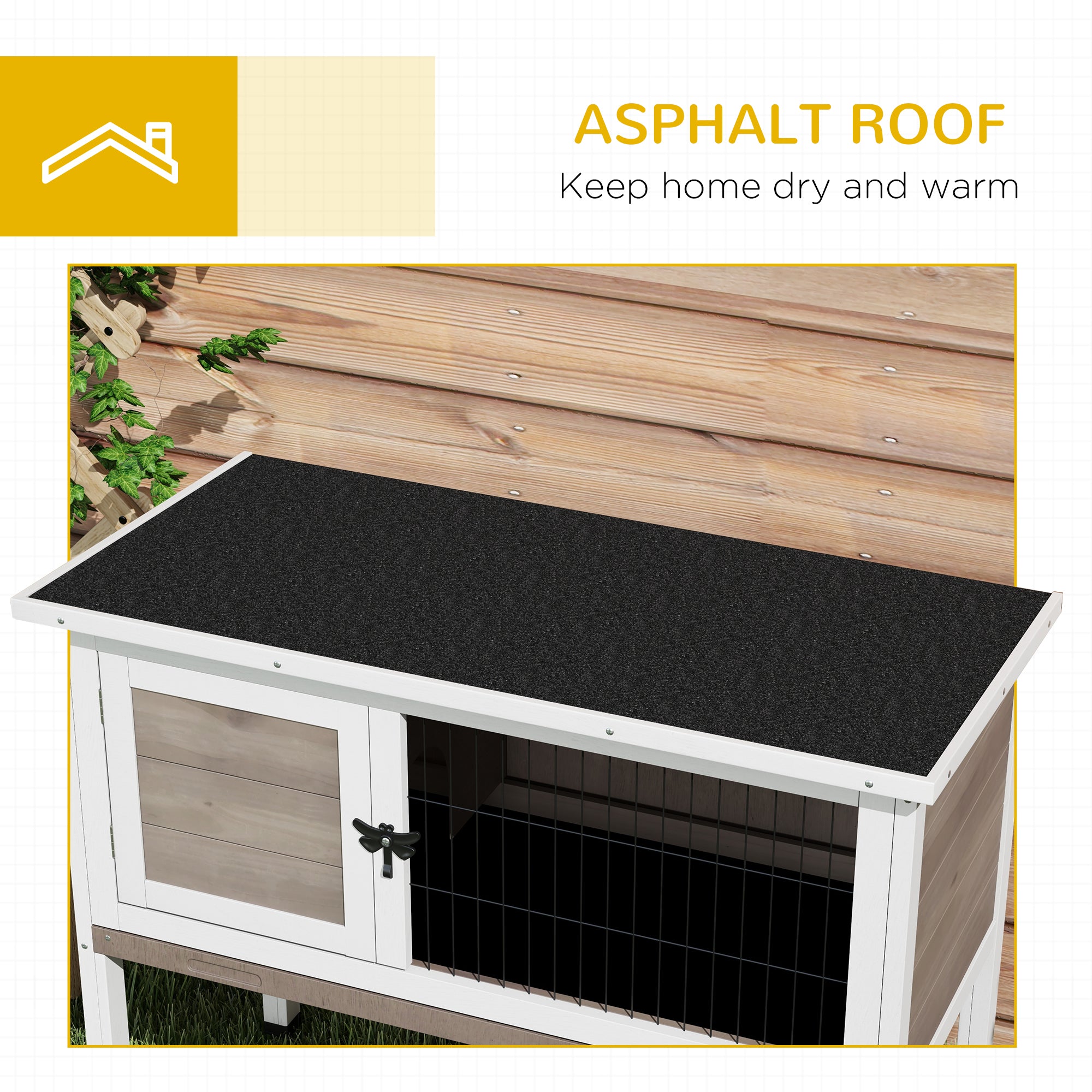 Wooden Rabbit Hutch Bunny Small Animal House with Openable Asphalt Roof, Slide-out Tray, Indoor/Outdoor, Brown