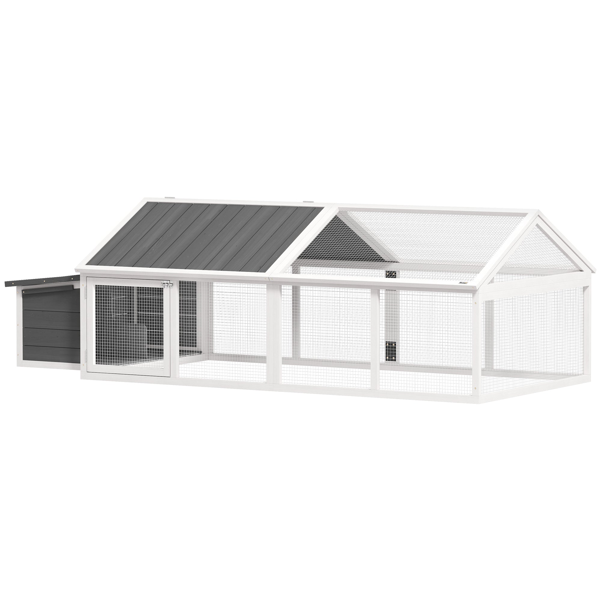 95"L Large Chicken Run, Wooden Chicken Coop with Nesting Box, Lift-up Top, Side Door and Wooden Roof, Poultry Cage for Outdoor, for 4 to 8 Chickens, Rabbits, Ducks, White
