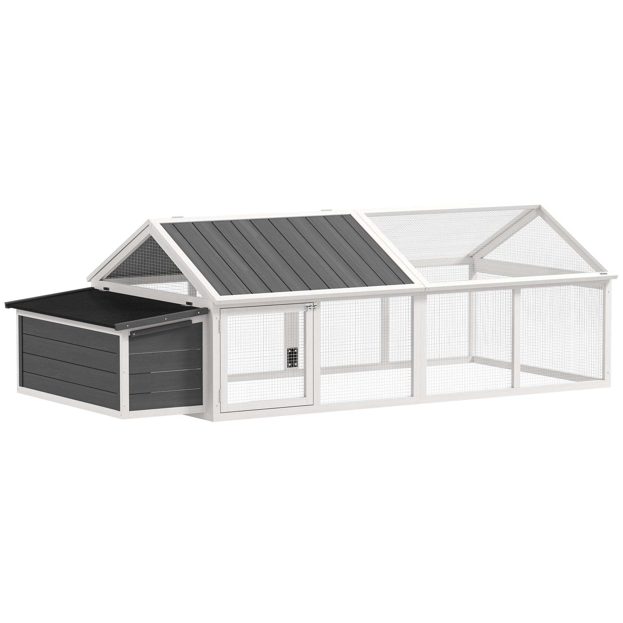 95"L Large Chicken Run, Wooden Chicken Coop with Nesting Box, Lift-up Top, Side Door and Wooden Roof, Poultry Cage for Outdoor, for 4 to 8 Chickens, Rabbits, Ducks, White