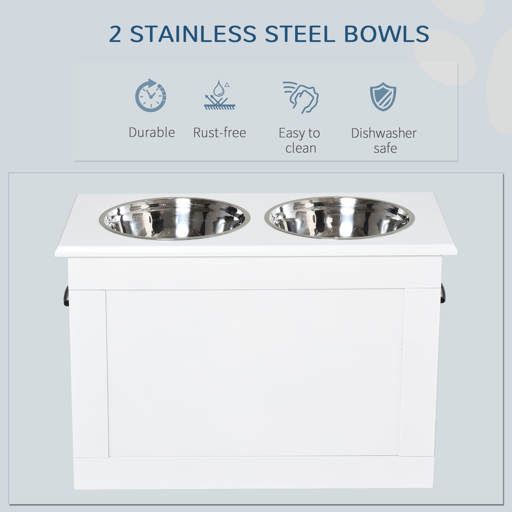 Elevated Dog Bowls for Large Dogs with Storage Dog Pet Diner Function 2 Stainless Steel Dog Bowls Elevated Base for Big-sized Dogs and Other Large Pets, White