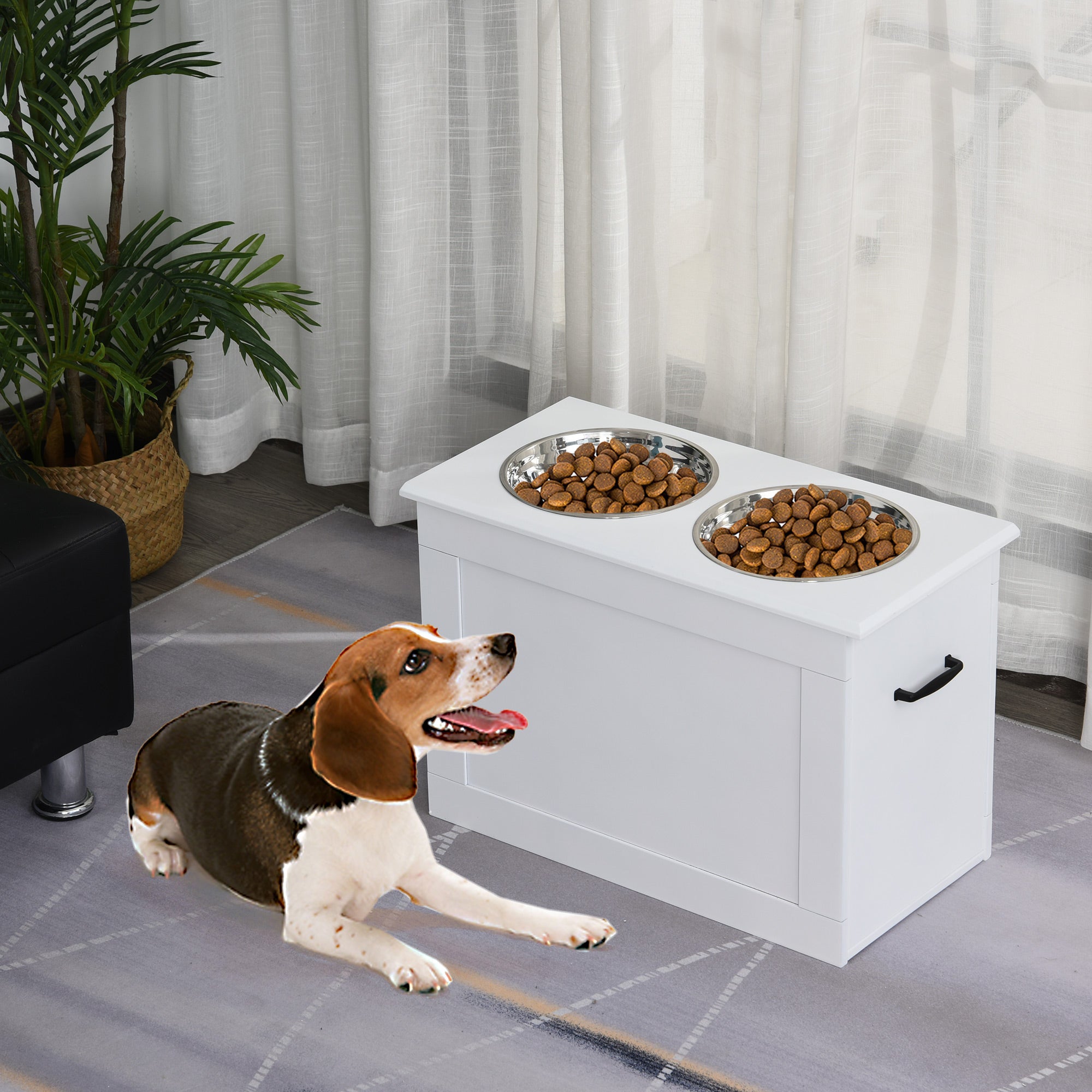 Elevated Dog Bowls for Large Dogs with Storage Dog Pet Diner Function 2 Stainless Steel Dog Bowls Elevated Base for Big-sized Dogs and Other Large Pets, White