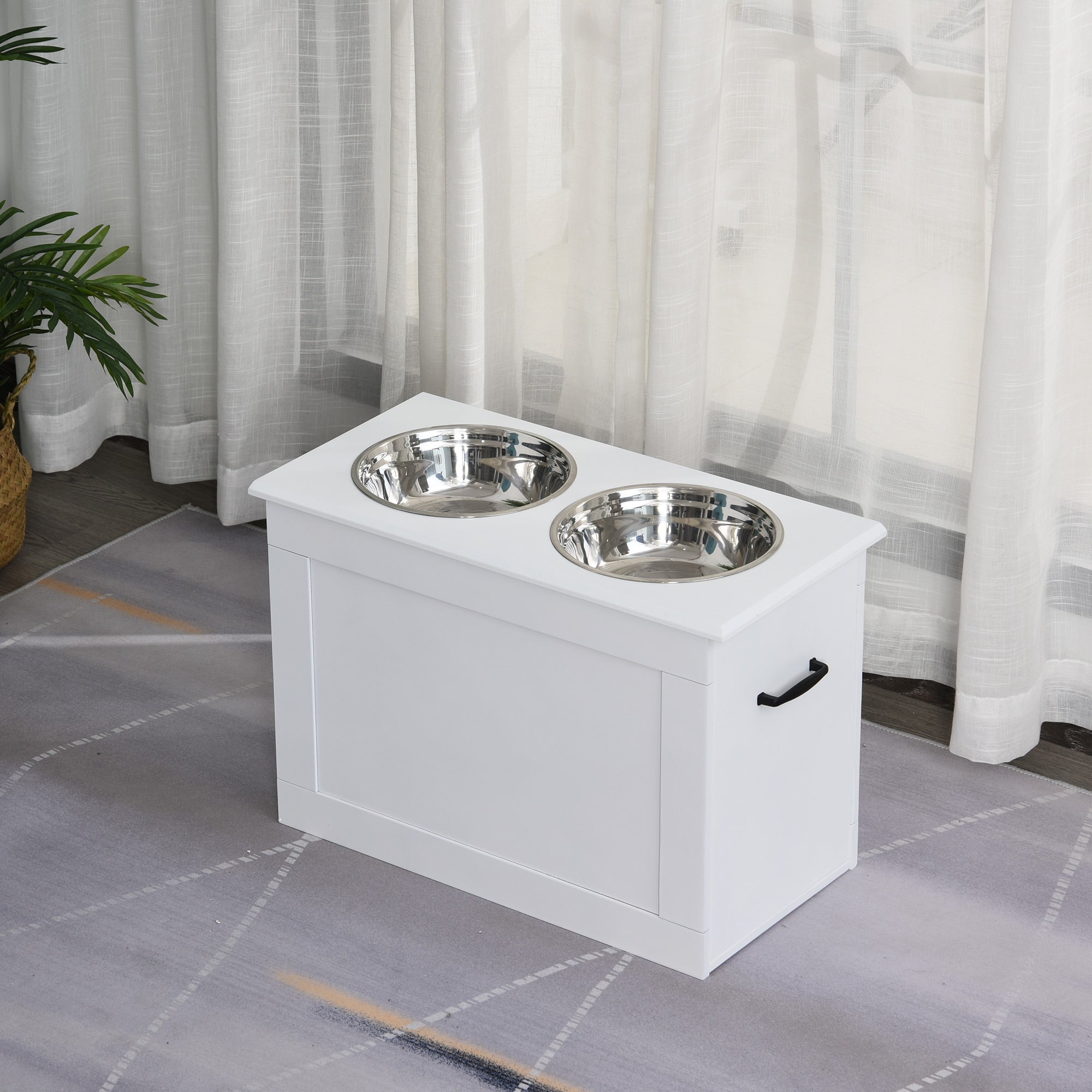 Elevated Dog Bowls for Large Dogs with Storage Dog Pet Diner Function 2 Stainless Steel Dog Bowls Elevated Base for Big-sized Dogs and Other Large Pets, White