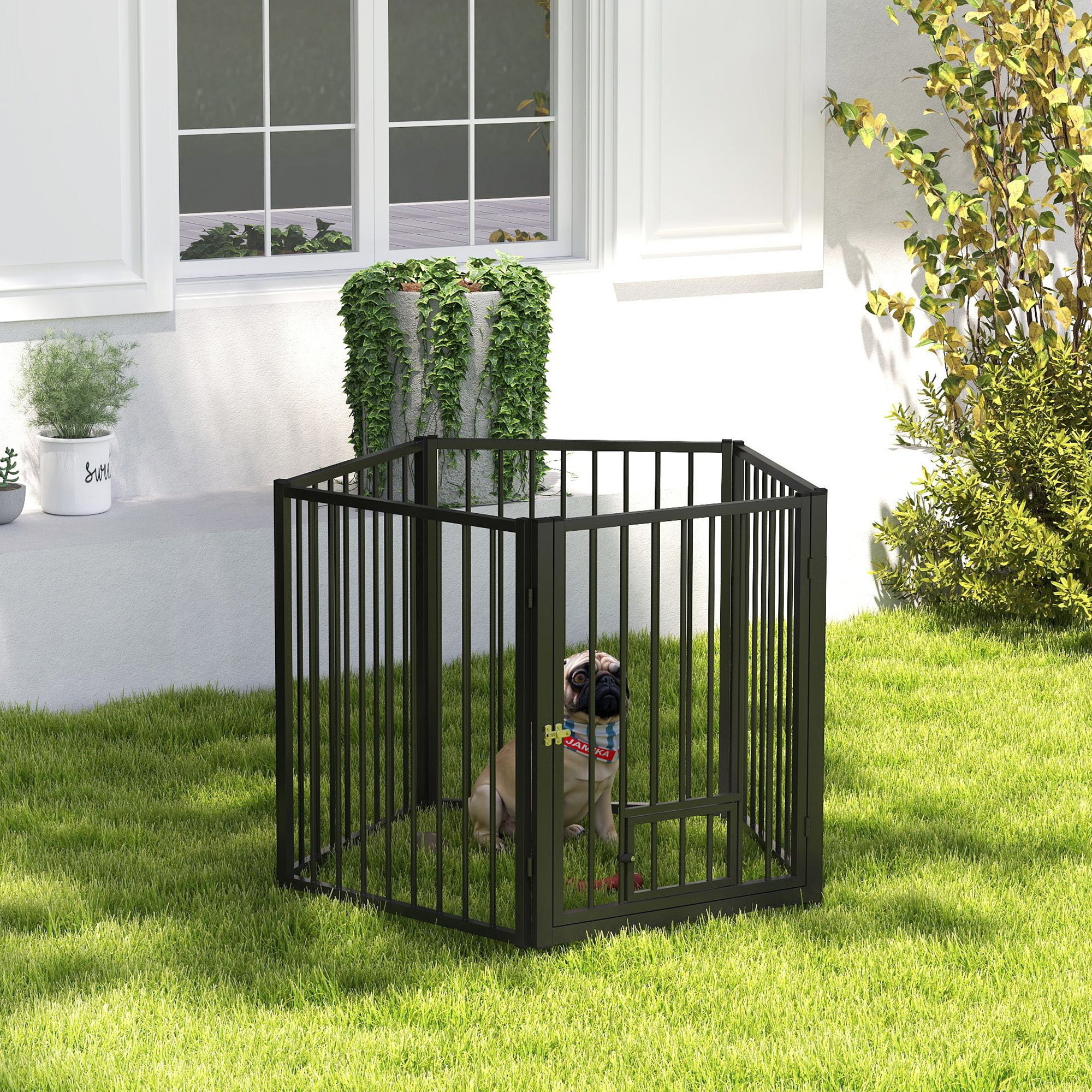 Dog Playpen, 30"H Pet Playpen, 5 Panels Puppy Exercise Pen Heavy Duty with Dog Gate & Cat Door, Indoor Outdoor Foldable Portable Dog Fence for Small & Medium Dogs