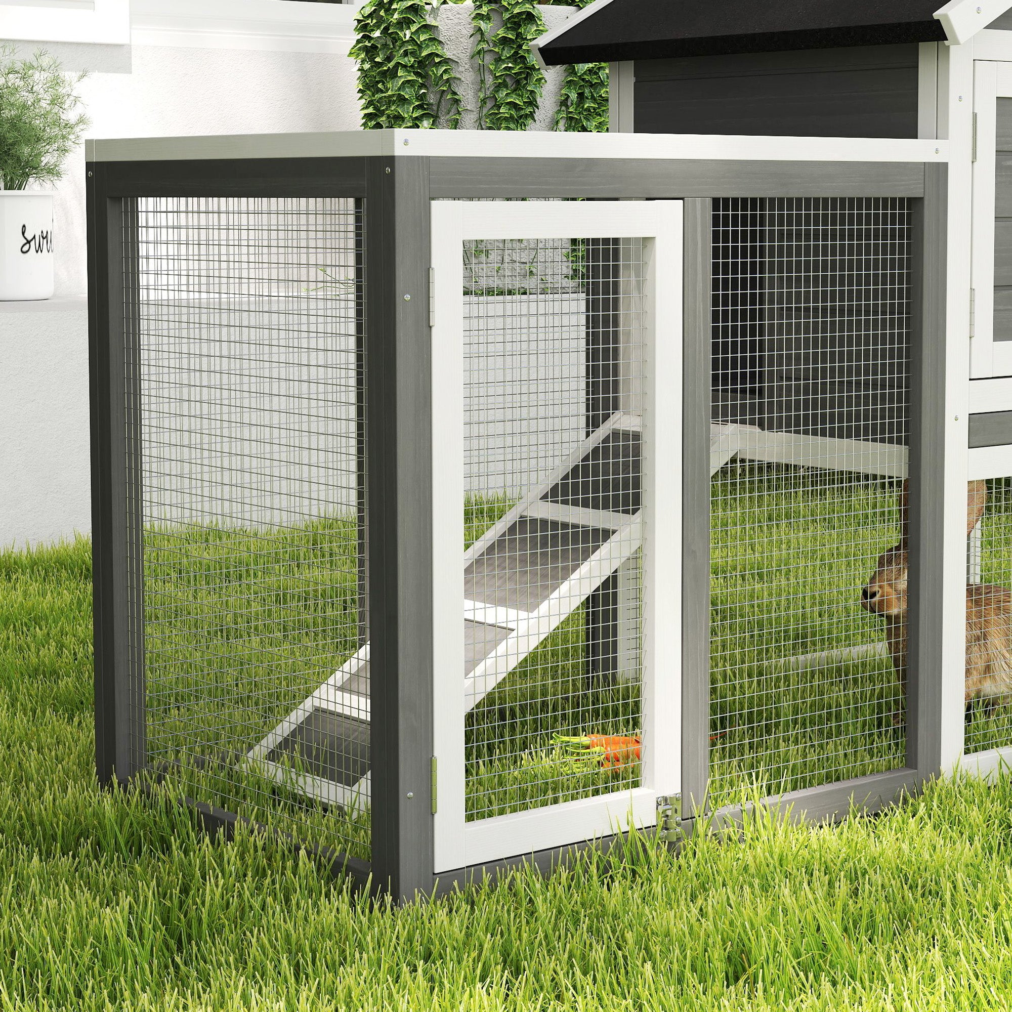 48" Weatherproof Wooden Rabbit Hutch With Slant Roof And Screened Outdoor Run, Grey