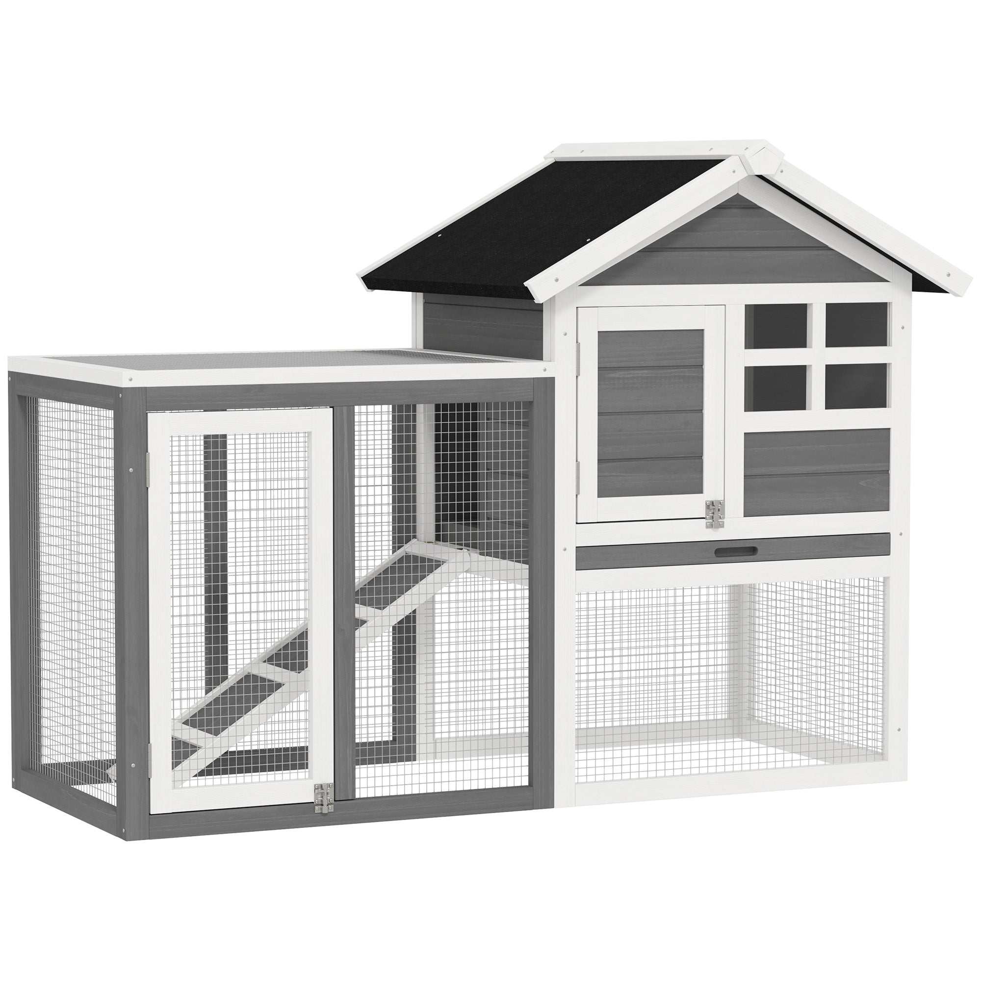 48" Weatherproof Wooden Rabbit Hutch With Slant Roof And Screened Outdoor Run, Grey