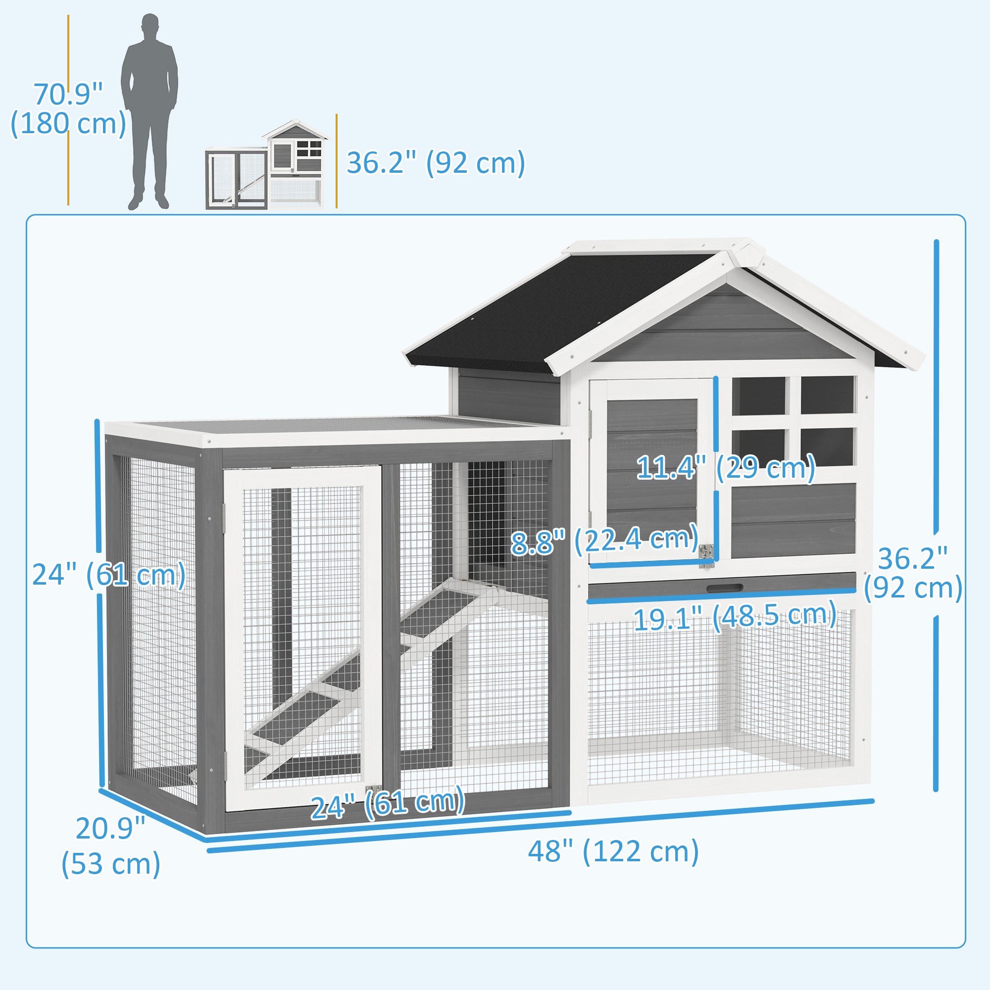 48" Weatherproof Wooden Rabbit Hutch With Slant Roof And Screened Outdoor Run, Grey