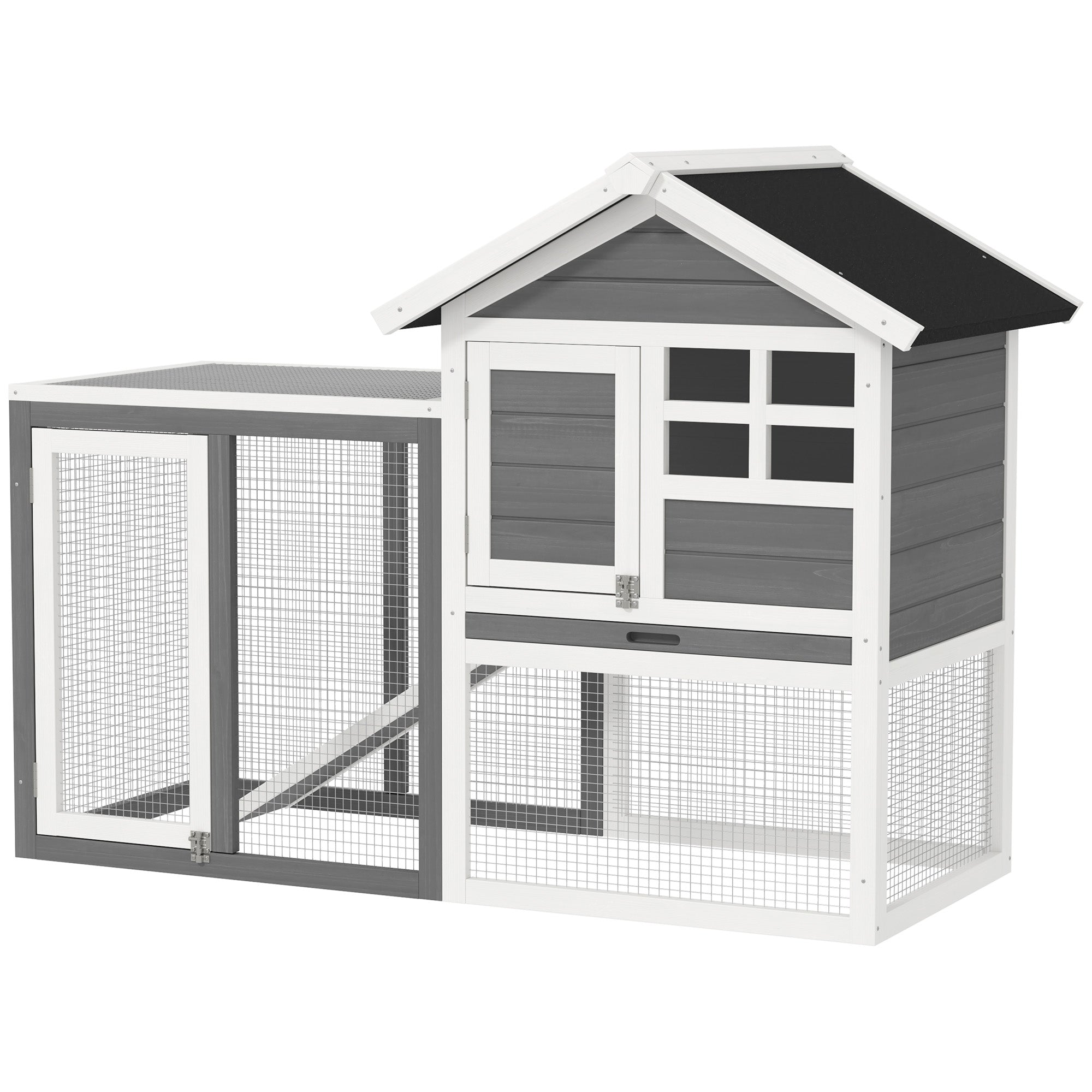 Rabbit Hutch Outdoor Wooden Guinea Pig Hutch Rabbit Run Bunny Cage Small Animal House Pull-Out Tray, Grey, 122 x 62.6 x 92 cm