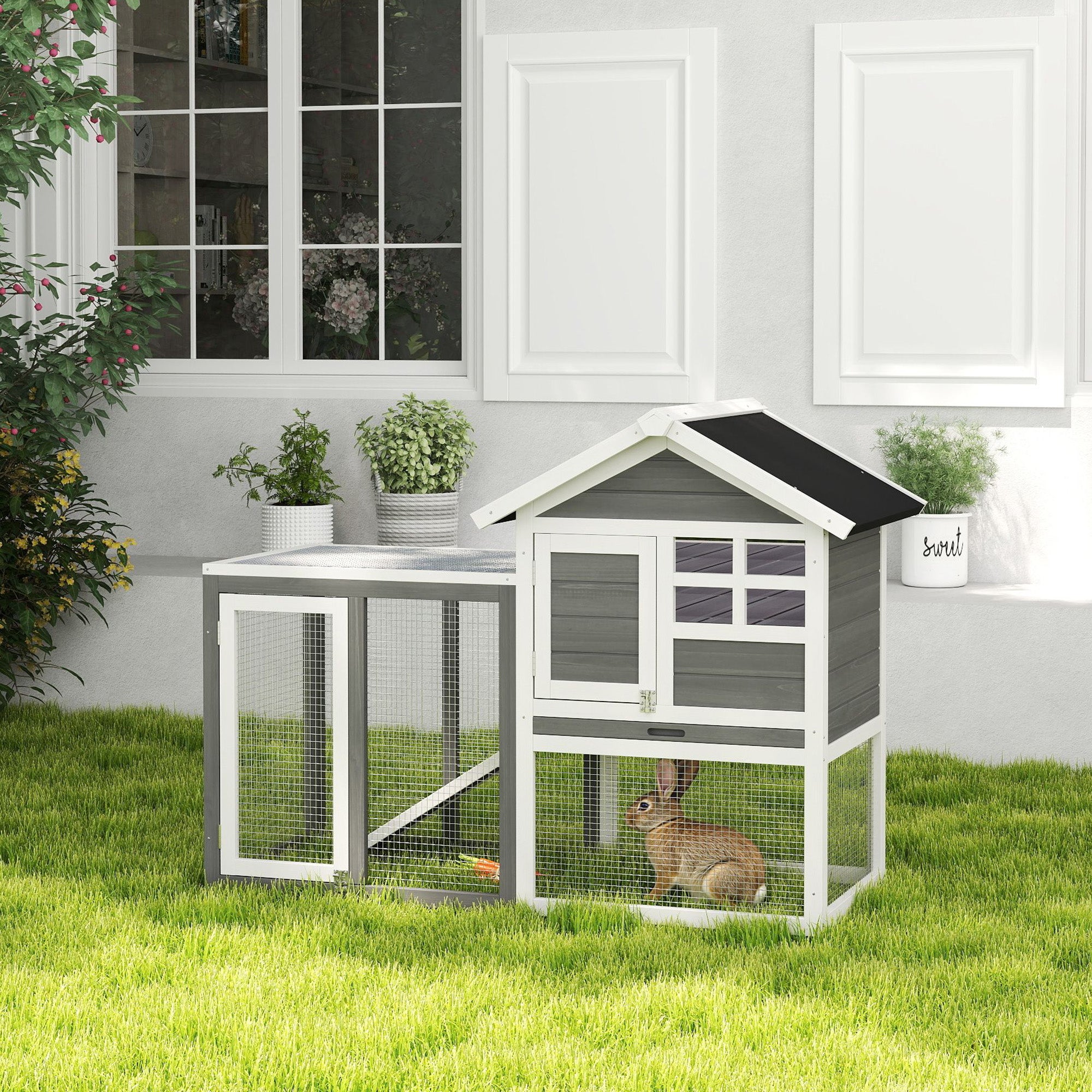 Rabbit Hutch Outdoor Wooden Guinea Pig Hutch Rabbit Run Bunny Cage Small Animal House Pull-Out Tray, Grey, 122 x 62.6 x 92 cm