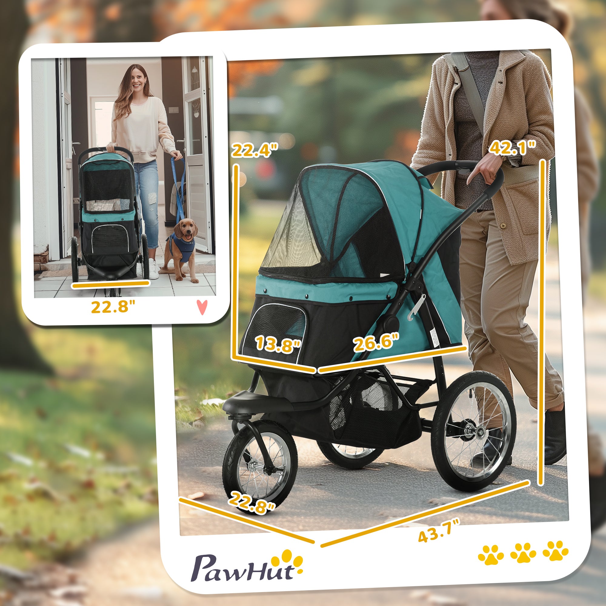 3 Wheels Pet Stroller, Foldable Dog Stroller with Adjustable Canopy, Safety Tether, Cushion, Storage Basket, Portable Jogger for Small and Medium Dogs and Cats, Dark Green