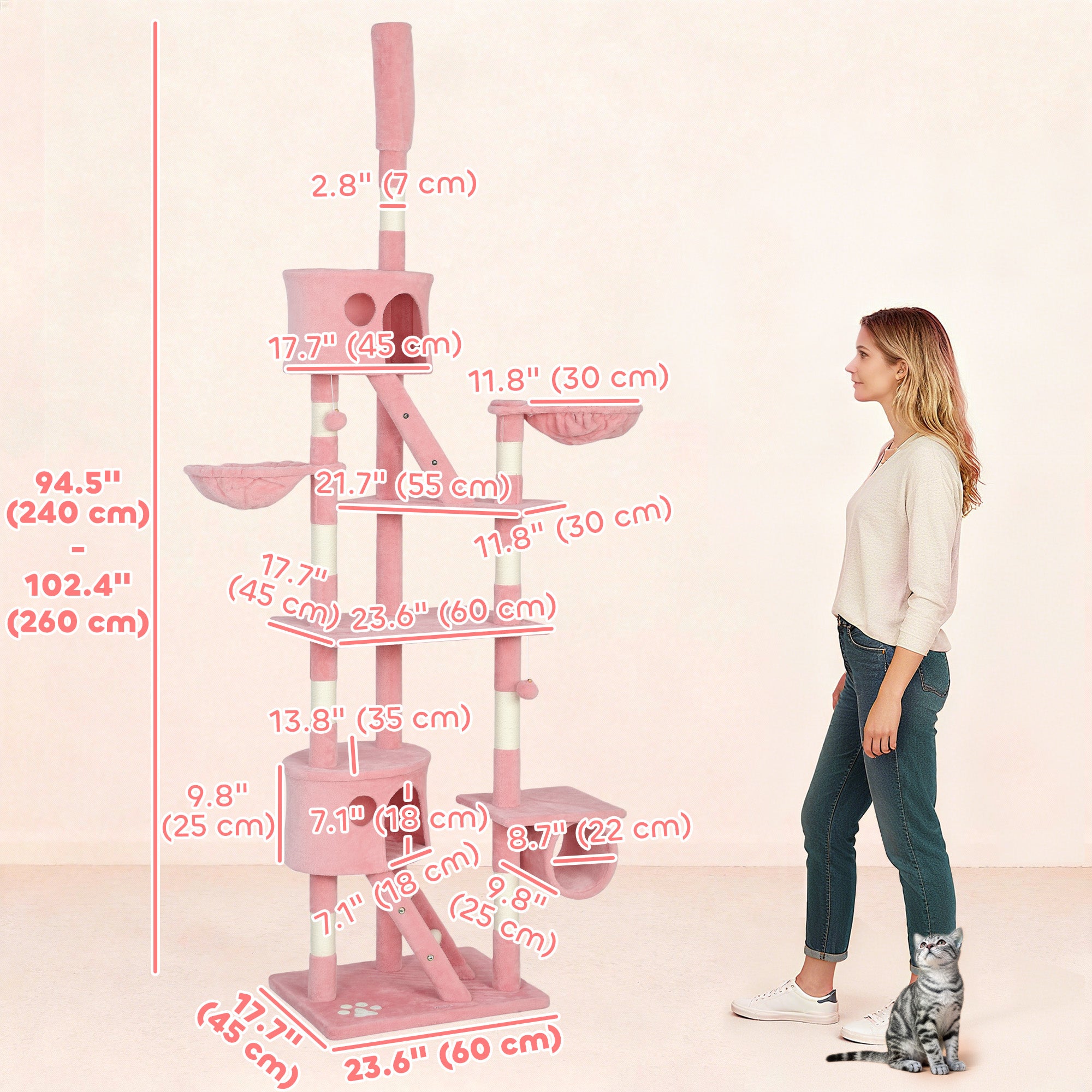 Cat Tower for Large Cats Adult, Floor to Ceiling Cat Tree Adjustable Height 94"-102" Multi-Level with Scratching Posts, Cozy Hammock, Pompoms, Pink