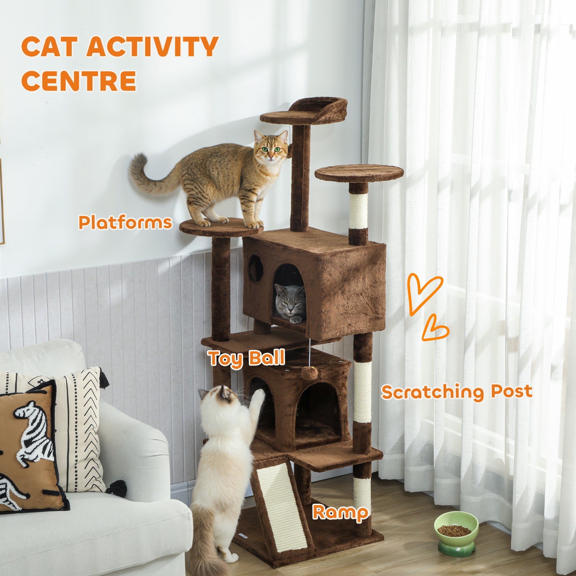63" Cat Tree, Cat Tower for Indoor Cats with Scratching Posts, Cat Condos, Bed, Platforms, Ramp, Toy Ball, Cat Activity Center, Light Brown
