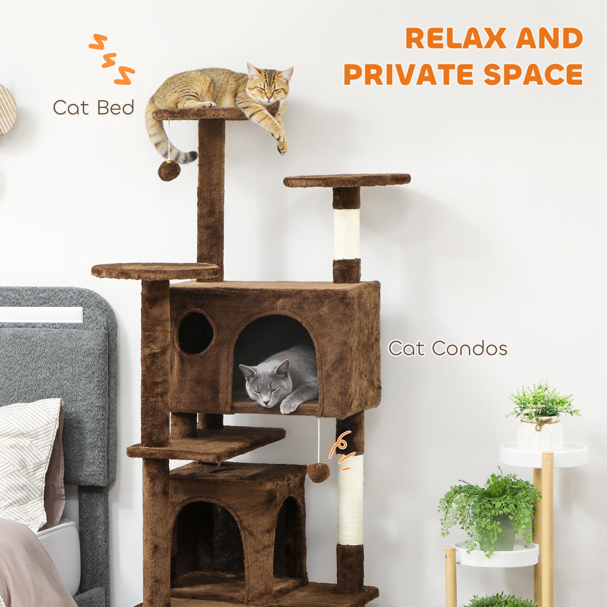 63" Cat Tree, Cat Tower for Indoor Cats with Scratching Posts, Cat Condos, Bed, Platforms, Ramp, Toy Ball, Cat Activity Center, Light Brown