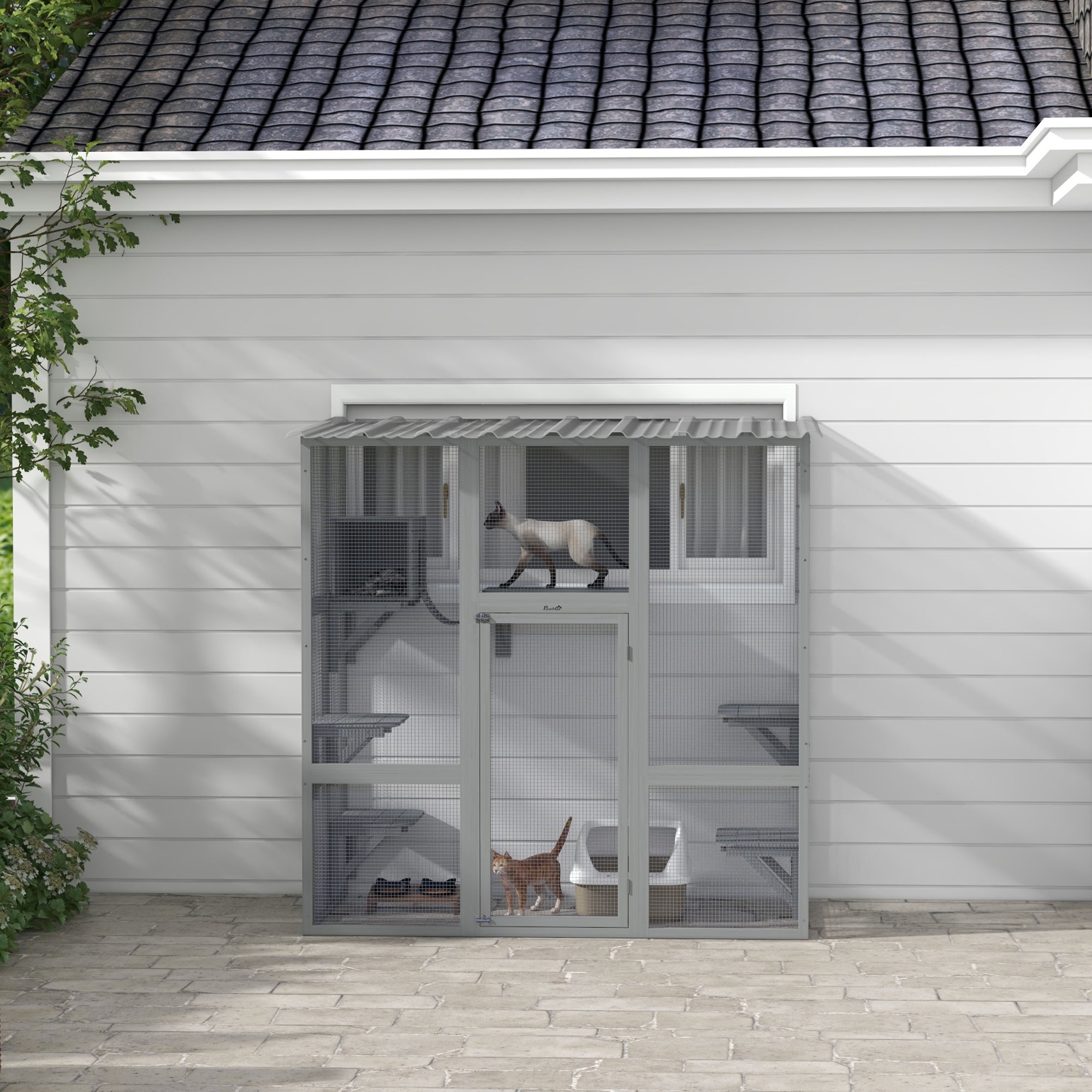 PawHut Catio Outdoor Cat Enclosure, Large Cat House, Wooden Cat Window Box with Scratching Posts, Weather Protection Roof for 1-2 Kitties, Resting Boxes, 68" x 35.5" x 70.5", Gray