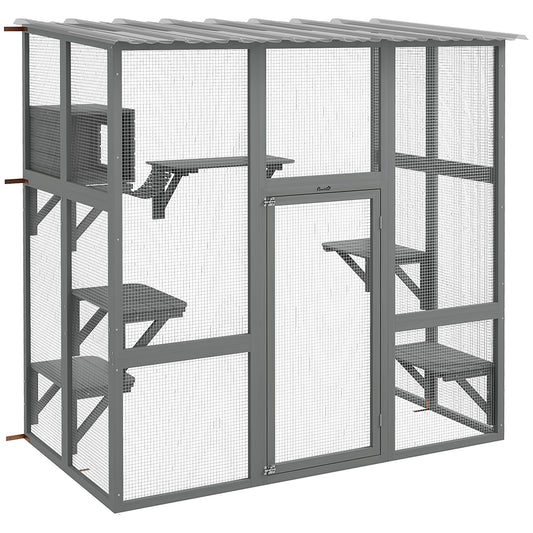 Catio, Wooden Outdoor Cat Enclosure Window Box with Weatherproof Roof, Bridge, Resting Box, Platforms, Cat Cage for 2 Kittens, Grey