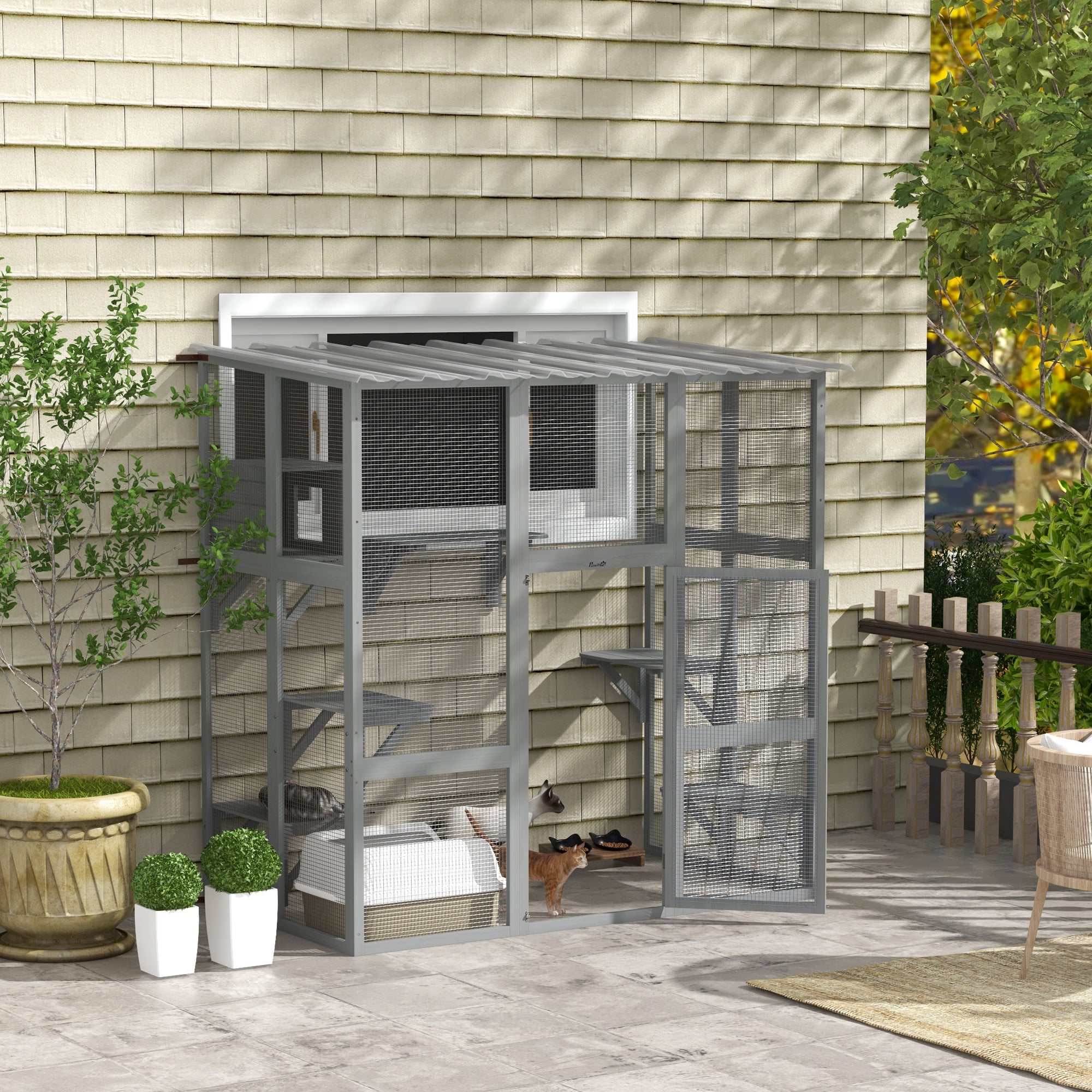 PawHut Catio Outdoor Cat Enclosure, Large Cat House, Wooden Cat Window Box with Scratching Posts, Weather Protection Roof for 1-2 Kitties, Resting Boxes, 68" x 35.5" x 70.5", Gray