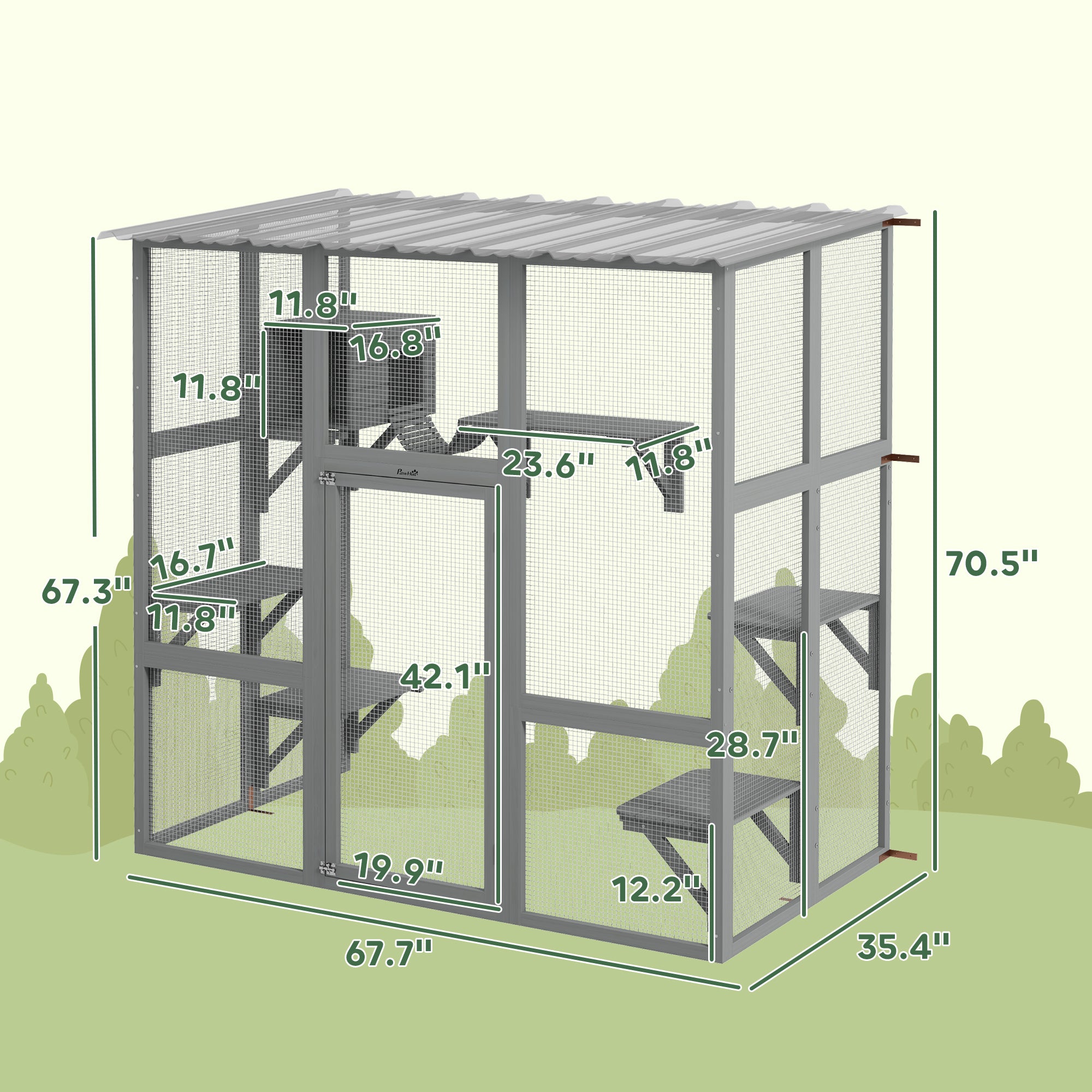 PawHut Catio Outdoor Cat Enclosure, Large Cat House, Wooden Cat Window Box with Scratching Posts, Weather Protection Roof for 1-2 Kitties, Resting Boxes, 68" x 35.5" x 70.5", Gray