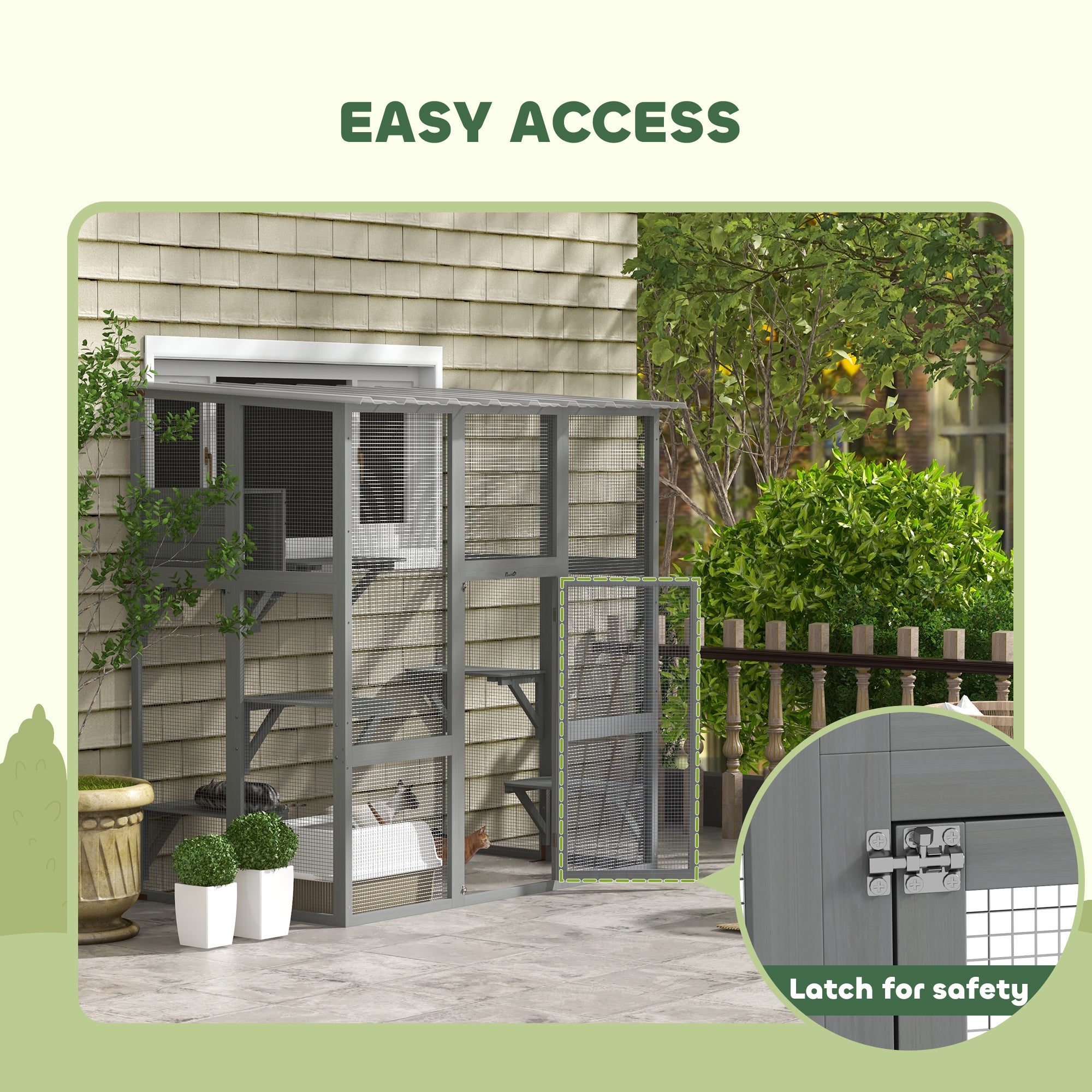 PawHut Catio Outdoor Cat Enclosure, Large Cat House, Wooden Cat Window Box with Scratching Posts, Weather Protection Roof for 1-2 Kitties, Resting Boxes, 68" x 35.5" x 70.5", Gray
