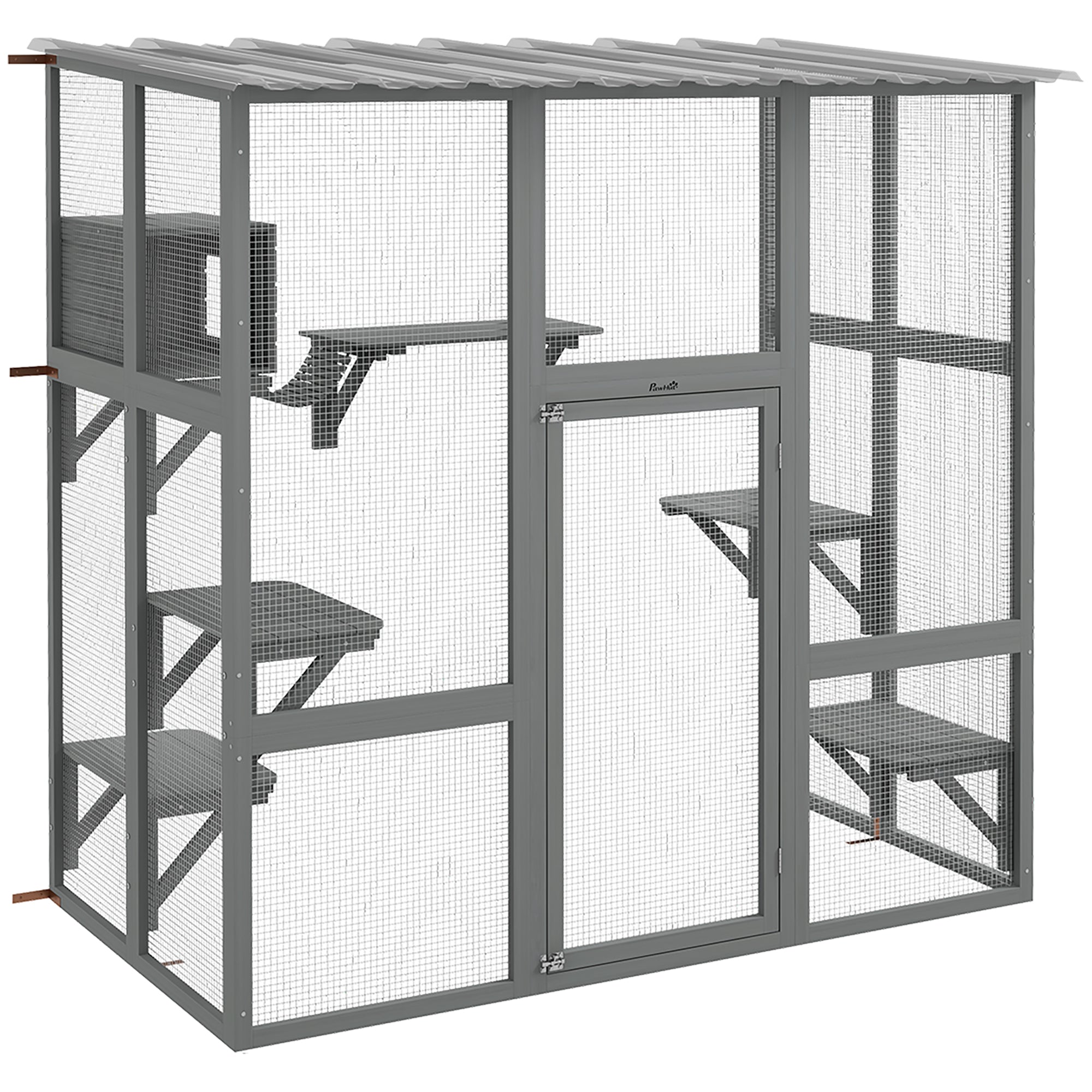 PawHut Catio Outdoor Cat Enclosure, Large Cat House, Wooden Cat Window Box with Scratching Posts, Weather Protection Roof for 1-2 Kitties, Resting Boxes, 68" x 35.5" x 70.5", Gray