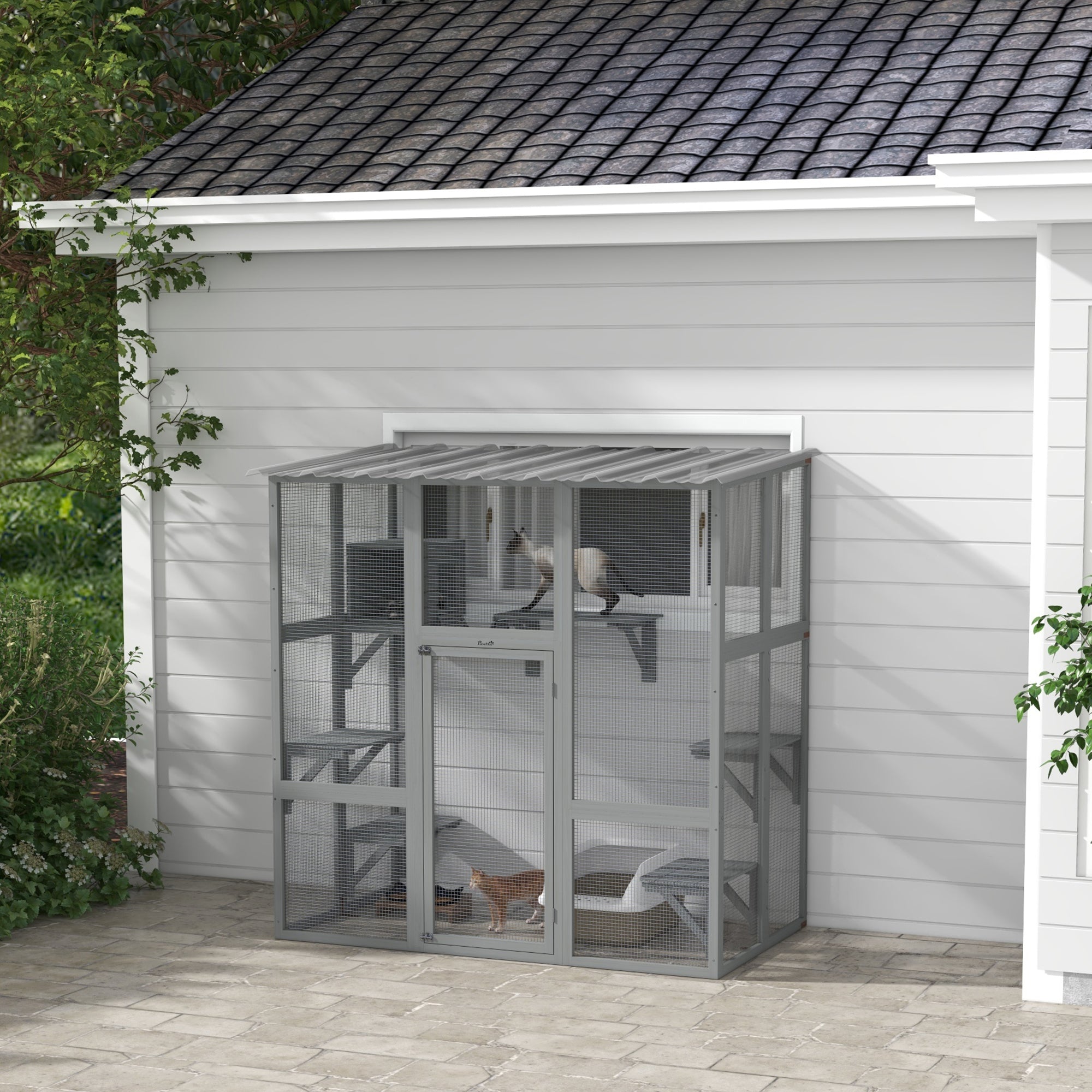 PawHut Catio Outdoor Cat Enclosure, Large Cat House, Wooden Cat Window Box with Scratching Posts, Weather Protection Roof for 1-2 Kitties, Resting Boxes, 68" x 35.5" x 70.5", Gray