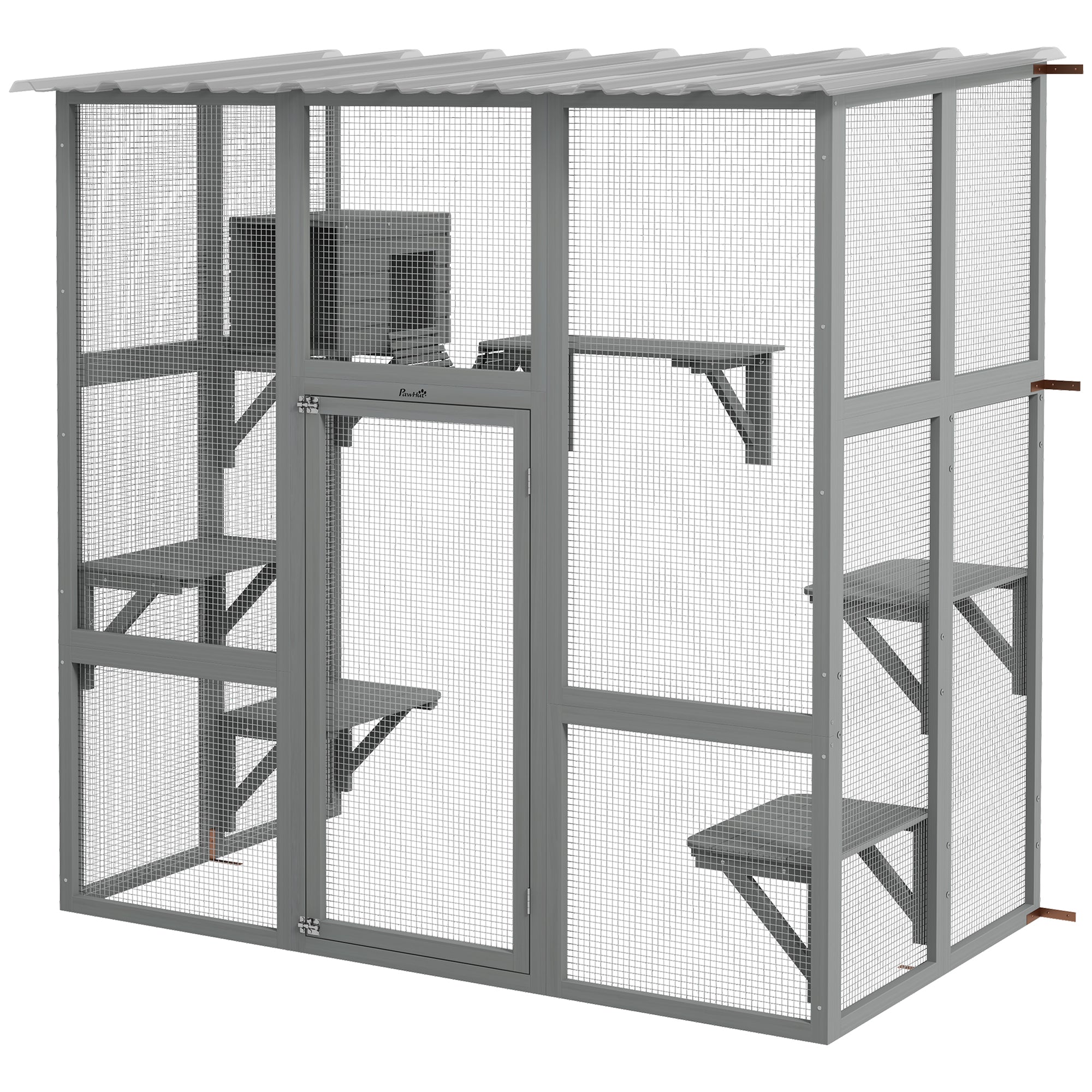 PawHut Catio Outdoor Cat Enclosure, Large Cat House, Wooden Cat Window Box with Scratching Posts, Weather Protection Roof for 1-2 Kitties, Resting Boxes, 68" x 35.5" x 70.5", Gray
