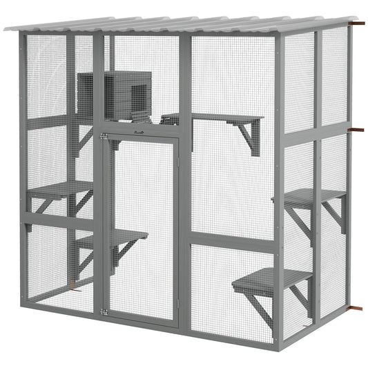 PawHut Catio Outdoor Cat Enclosure, Large Cat House, Wooden Cat Window Box with Scratching Posts, Weather Protection Roof for 1-2 Kitties, Resting Boxes, 68" x 35.5" x 70.5", Gray