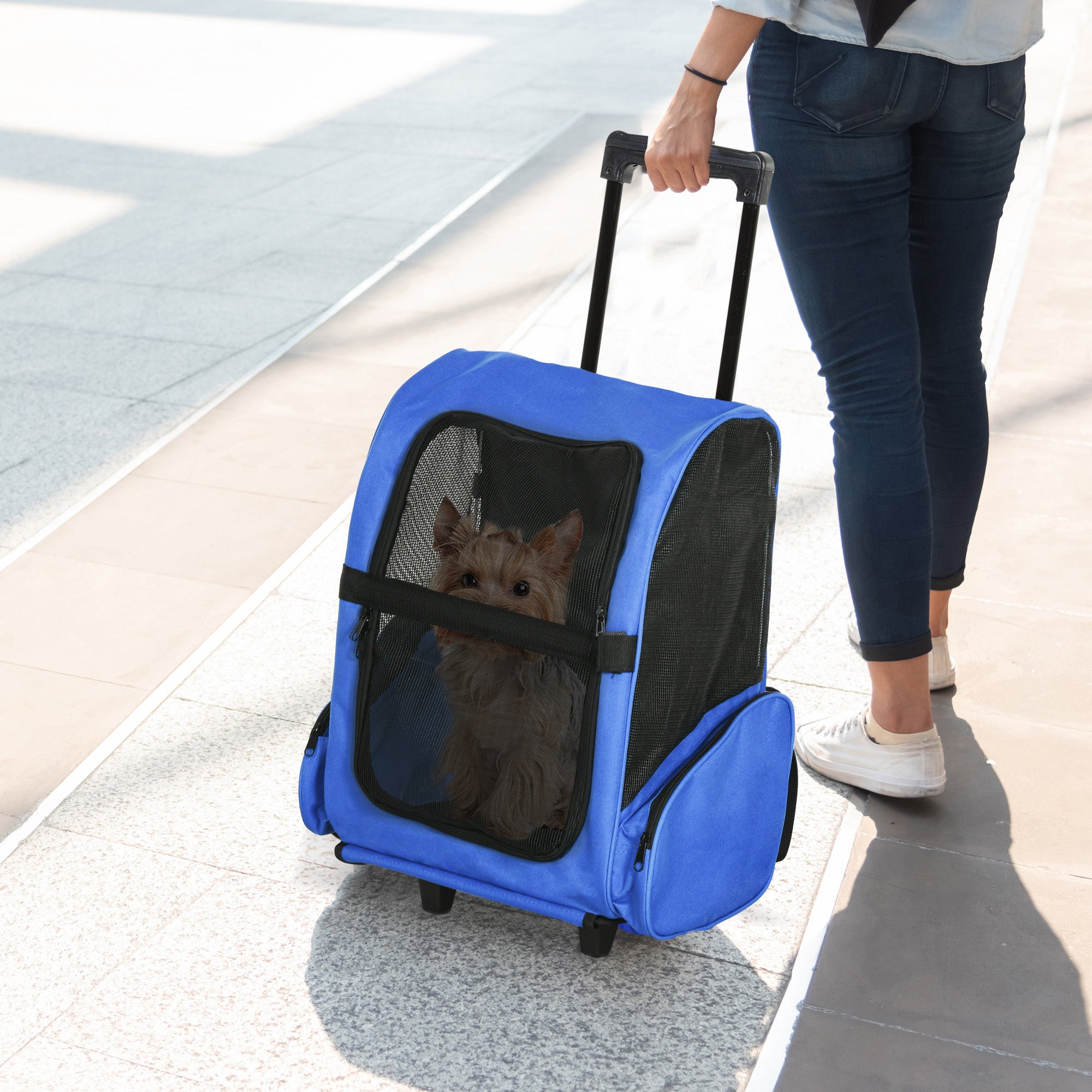 Pet Travel Backpack Bag Cat Puppy Dog Carrier w/ Trolley and Telescopic Handle Portable Stroller Wheel Luggage Bag (Blue)