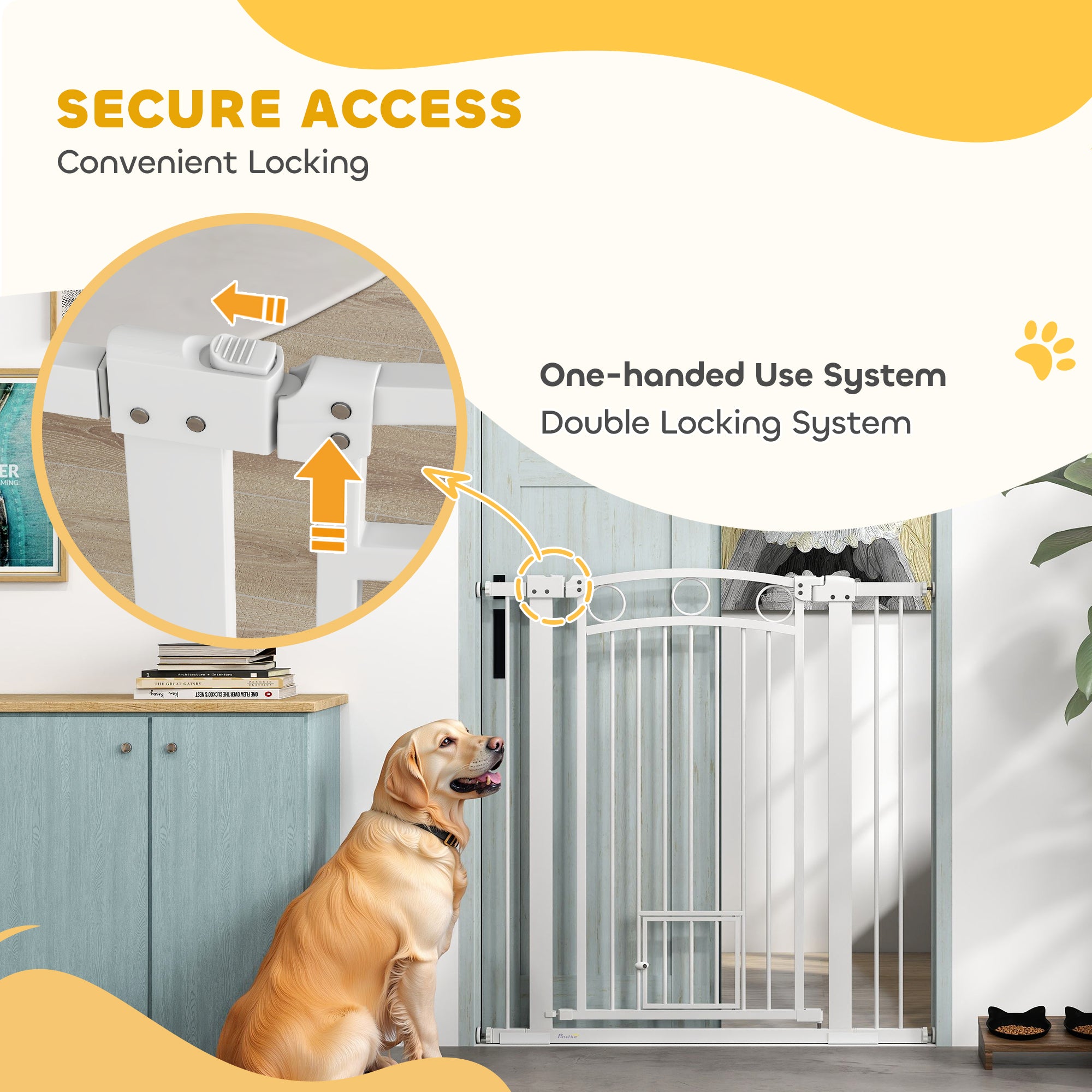 Dog Gate, 42" Extra Tall Pet Gate with Cat Door, Includes 2.8" and 5.5" Extension Kits, Pressure Mounted Stair Gate for Doorways, Hallways, Stairways, 30"-41" Width