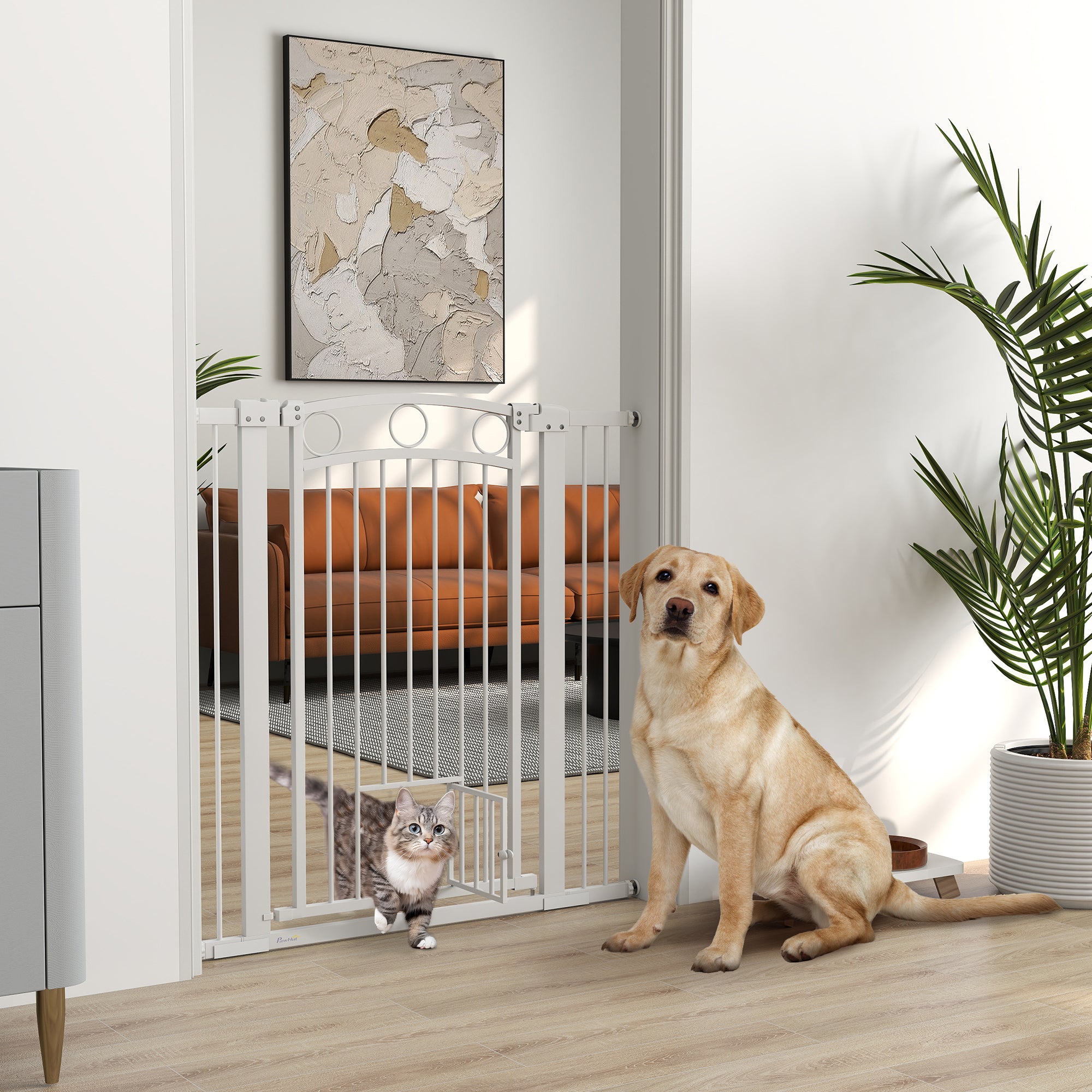 Dog Gate, 42" Extra Tall Pet Gate with Cat Door, Includes 2.8" and 5.5" Extension Kits, Pressure Mounted Stair Gate for Doorways, Hallways, Stairways, 30"-41" Width