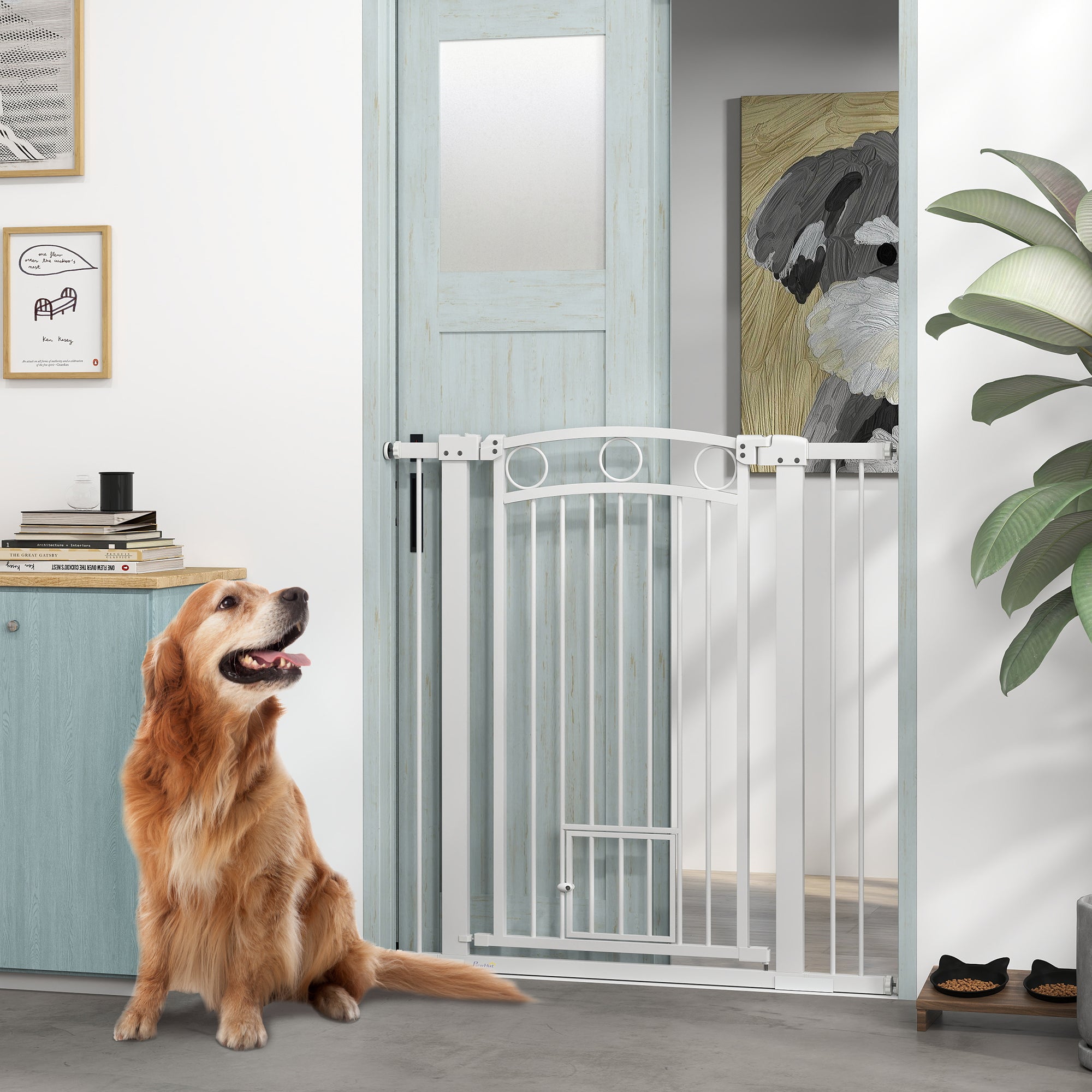Dog Gate, 42" Extra Tall Pet Gate with Cat Door, Includes 2.8" and 5.5" Extension Kits, Pressure Mounted Stair Gate for Doorways, Hallways, Stairways, 30"-41" Width
