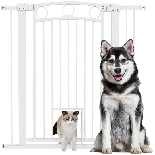 Dog Stair Gate 106cm Extra Tall Height, 76-104cm Adjustable Width Pressure Fit Safety Gate With Cat Door, 7cm and 14cm Extensions for Stairs, Doorways, Easy Installation, White