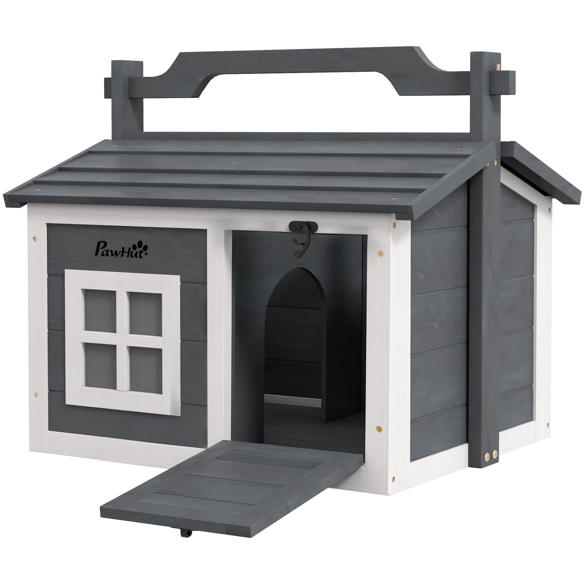 Rabbit Hutch Cat House Puppy House Guinea Pig Hutch Small Animal House Portable Wooden Indoor Outdoor with 2 Rooms Top Handle, Openable Roof - Grey