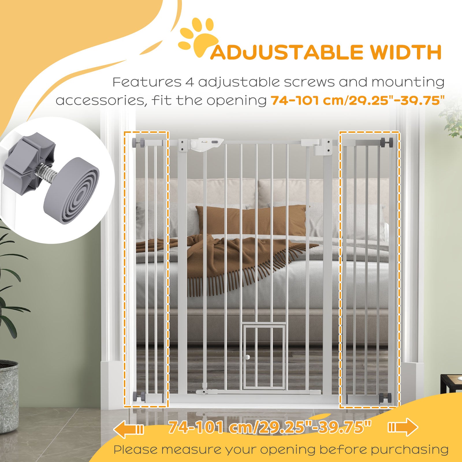 41"H Dog Gate with Cat Door, Pet Gate with Small Door, Easy Open Indoor Dog Gates for Doorways, House, Stair, 29"-40" Long, White