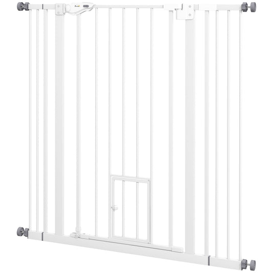 41"H Dog Gate with Cat Door, Pet Gate with Small Door, Easy Open Indoor Dog Gates for Doorways, House, Stair, 29"-40" Long, White