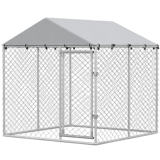 Outdoor Dog Kennel Dog Run with Water and UV Resistant Cover for Small and Medium Sized Pets, 6.6' x 6.6' x 6.6', Silver
