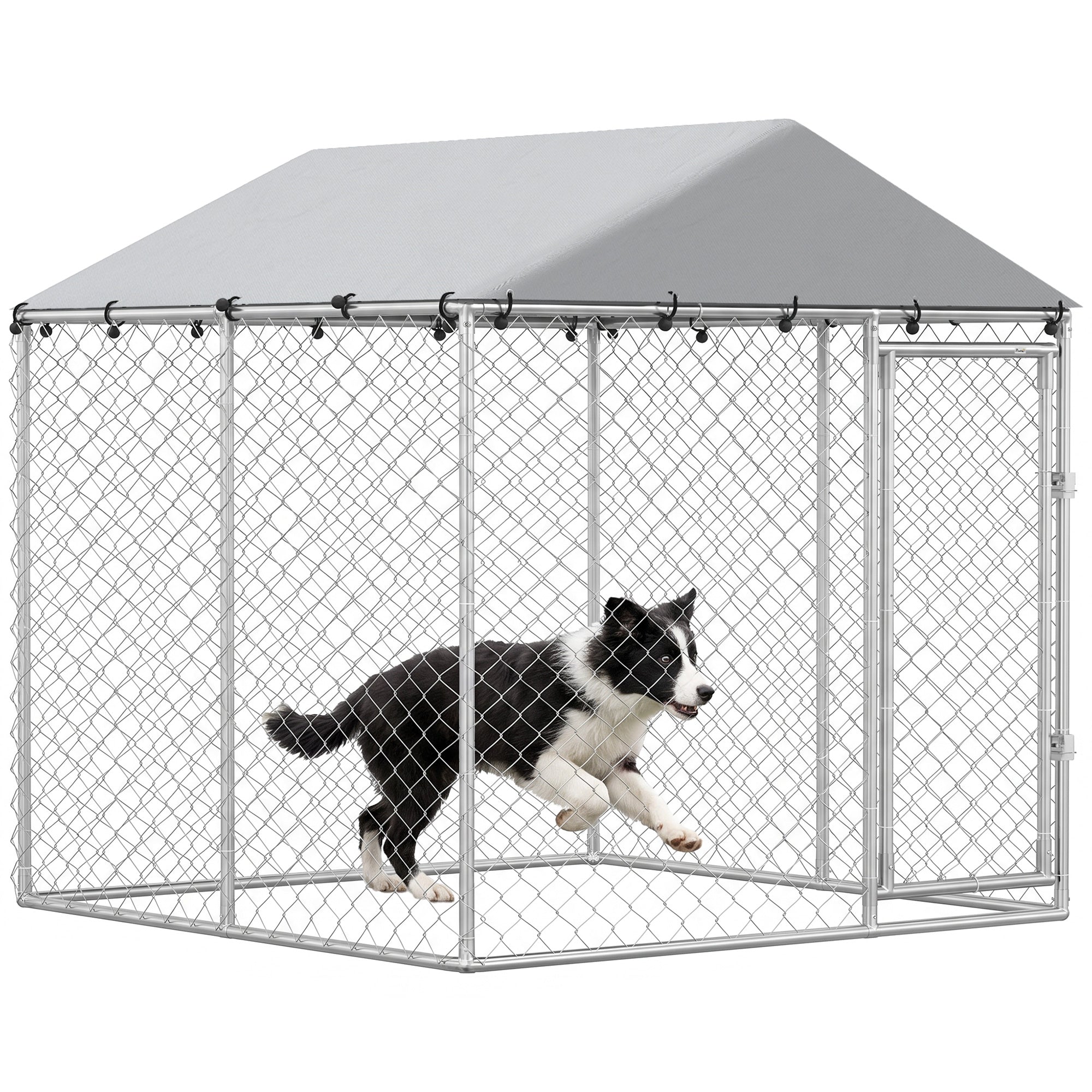 Outdoor Dog Kennel Dog Run with Water and UV Resistant Cover for Small and Medium Sized Pets, 6.6' x 6.6' x 6.6', Silver