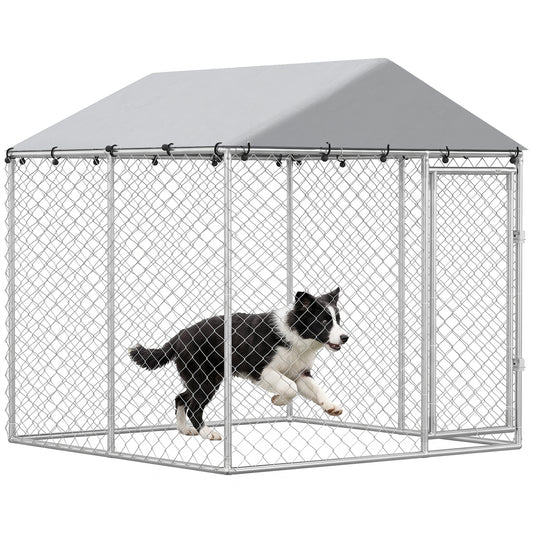 Outdoor Dog Kennel Dog Run with Water and UV Resistant Cover for Small and Medium Sized Pets, 6.6' x 6.6' x 6.6', Silver